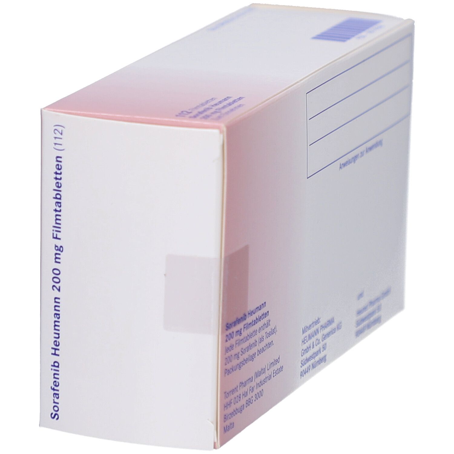 Seitenansicht der Schachtel Sorafenib Heumann 200 mg Filmtabletten. Text: 112 Filmtabletten.