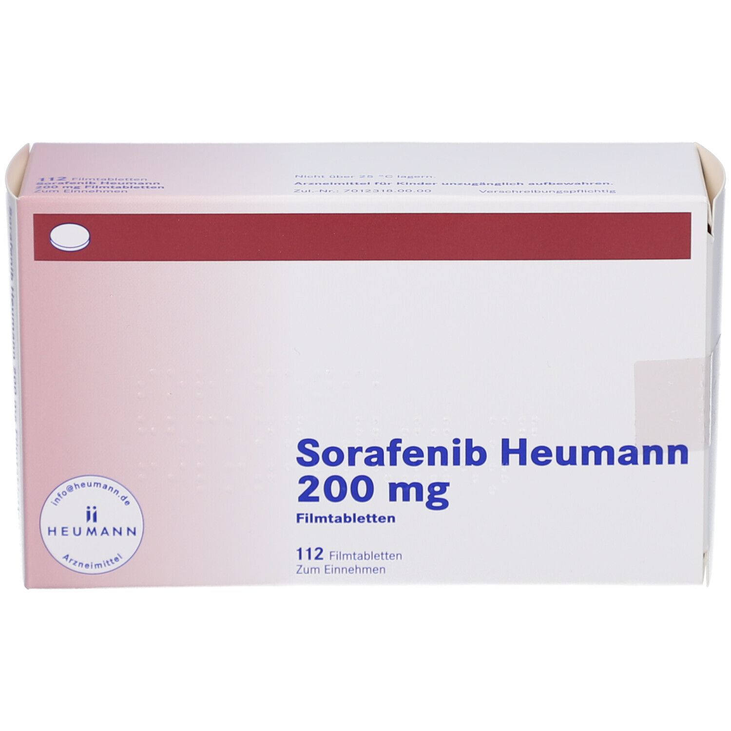 Schachtel Sorafenib Heumann 200 mg Filmtabletten. Vorderansicht. 112 Tabletten.