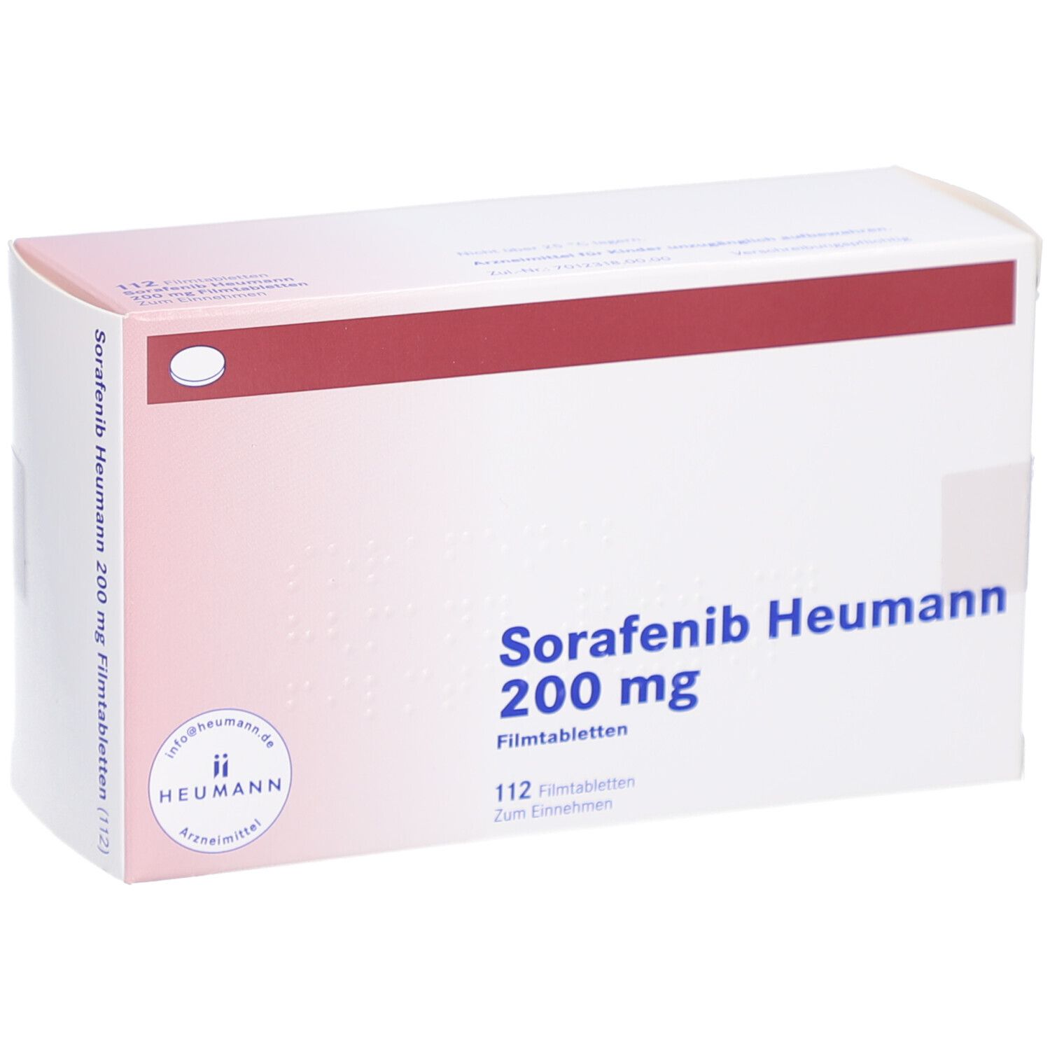 Schachtel Sorafenib Heumann 200 mg Filmtabletten. Vorderansicht. 112 Tabletten.