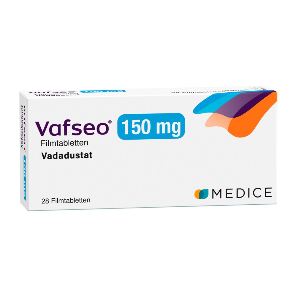 Weiße Schachtel mit blauer und orangerfarbener Grafik. Aufschrift: Vafseo 150 mg Filmtabletten, Vadadustat, 28 Filmtabletten. MEDICE Logo.
