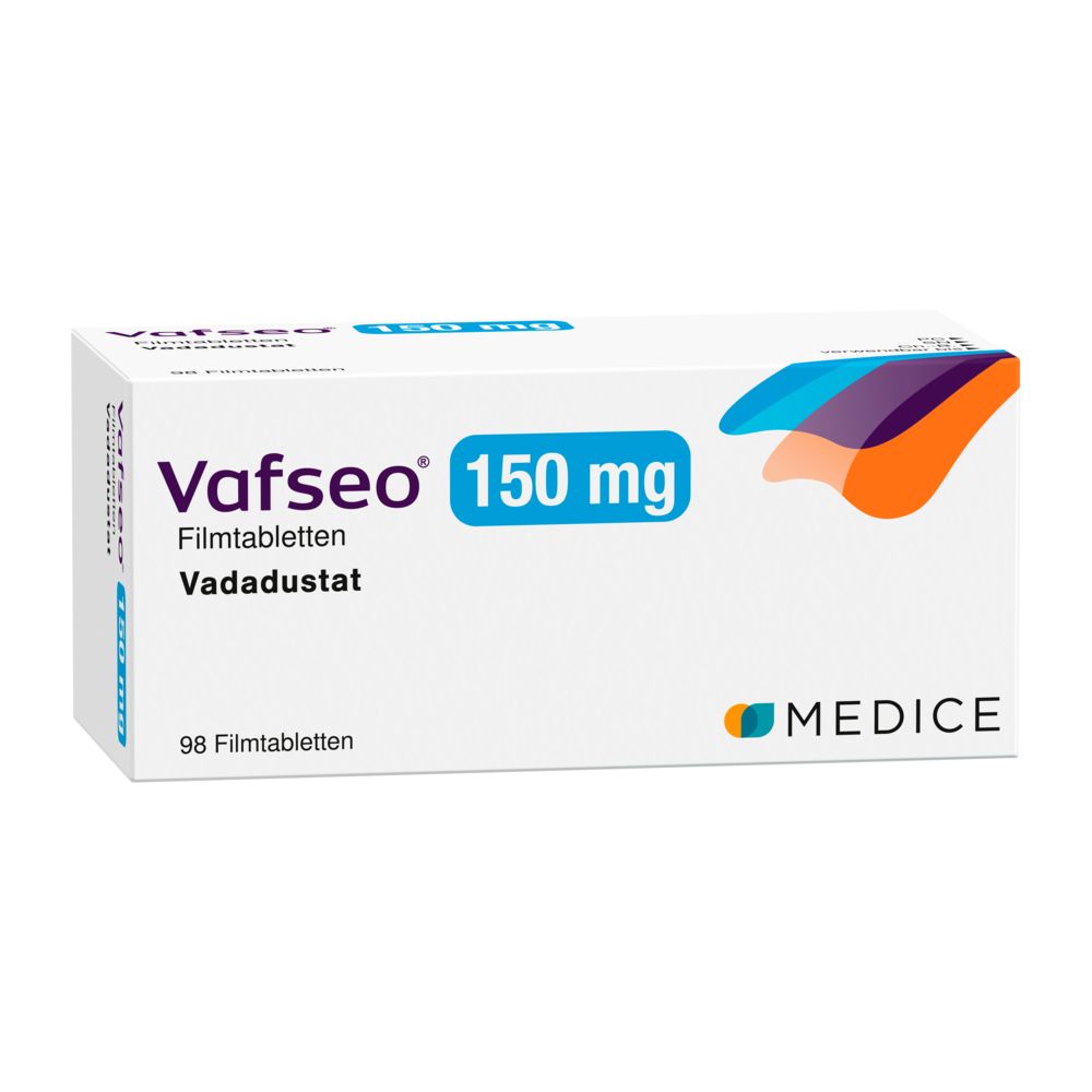 Vafseo 150 mg Filmtabletten-Packung. Weiße Schachtel mit blauer und oranger Grafik. Schriftzug: Vafseo, 150 mg, 98 Filmtabletten.