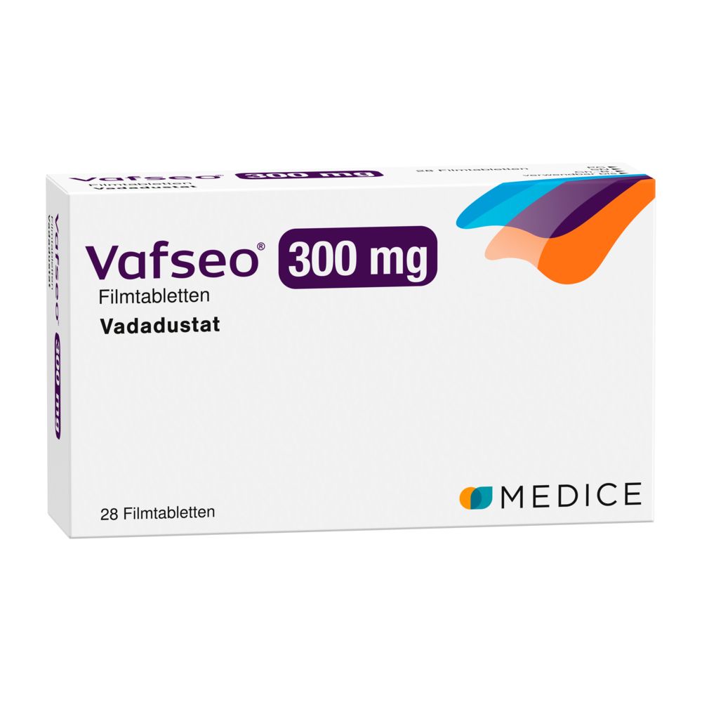 Vafseo 300 mg Filmtabletten-Packung. Enthält 28 Tabletten. Aufschrift: Vadadustat. Hersteller: MEDICE.