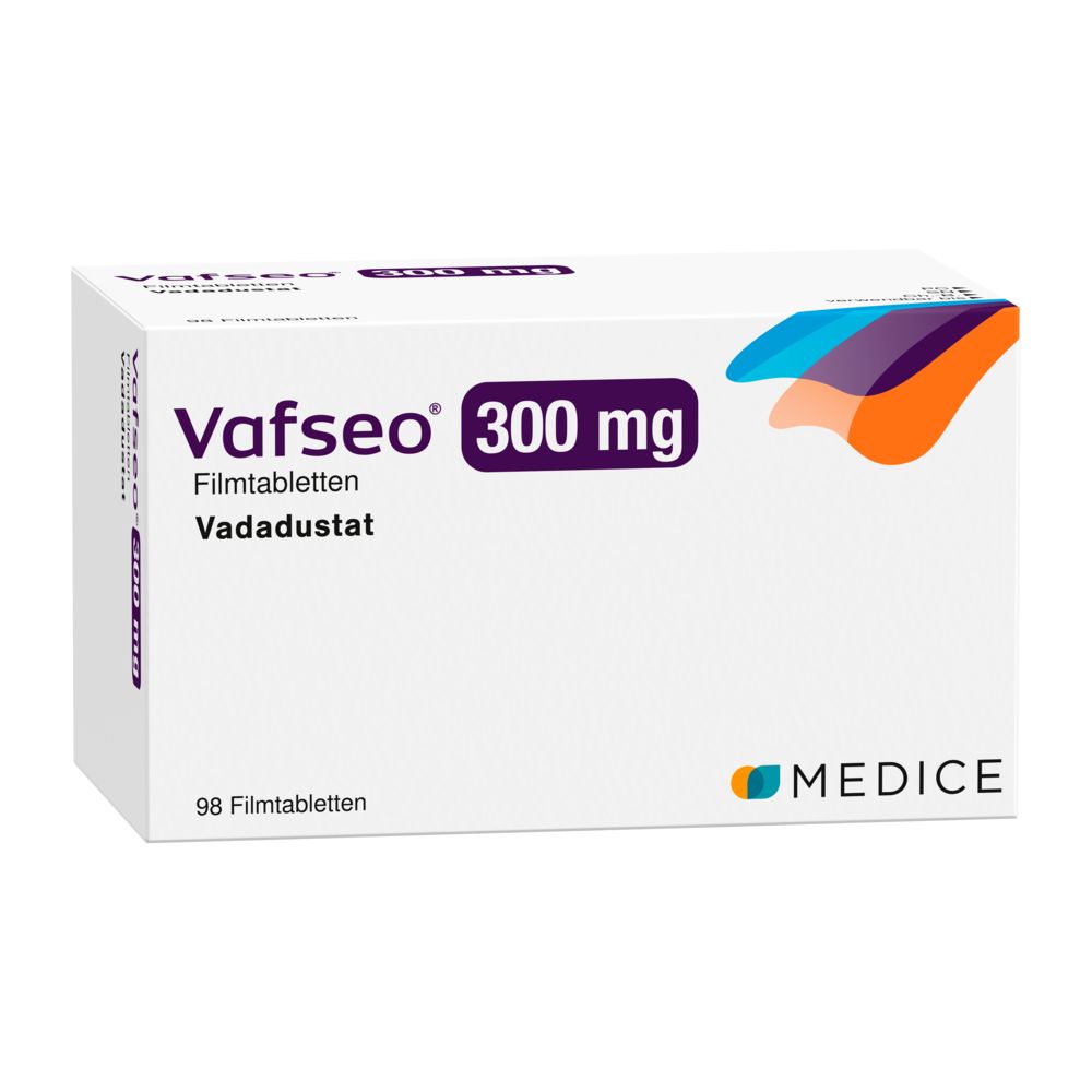 Vafseo 300 mg Filmtabletten-Packung. Weiße Schachtel mit Produktnamen, Dosierung und Herstellerlogo. Enthält 98 Filmtabletten.