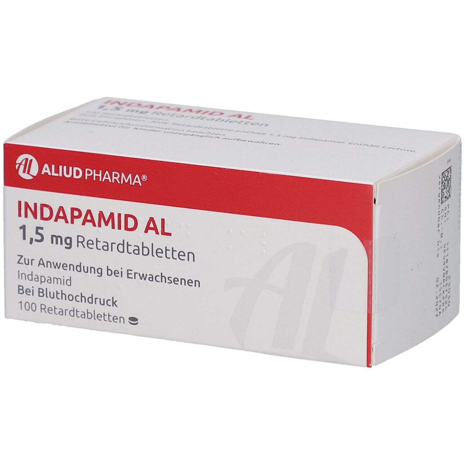 Schachtel INDAPAMID AL 1,5 mg Retardtabletten. Weiß mit roter Schrift und Logo. Text: AL, Aliud Pharma, 100 Retardtabletten.