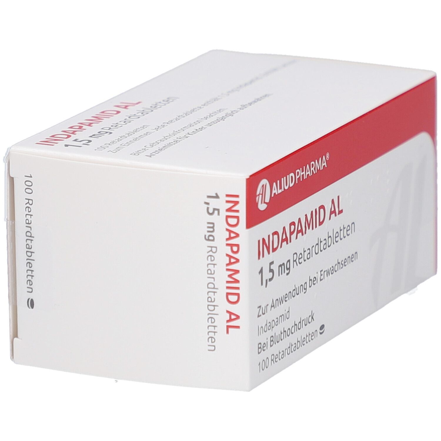 Schachtel INDAPAMID AL 1,5 mg Retardtabletten. Weiß mit roter Schrift und Logo. Text: AL, Aliud Pharma, 100 Retardtabletten.