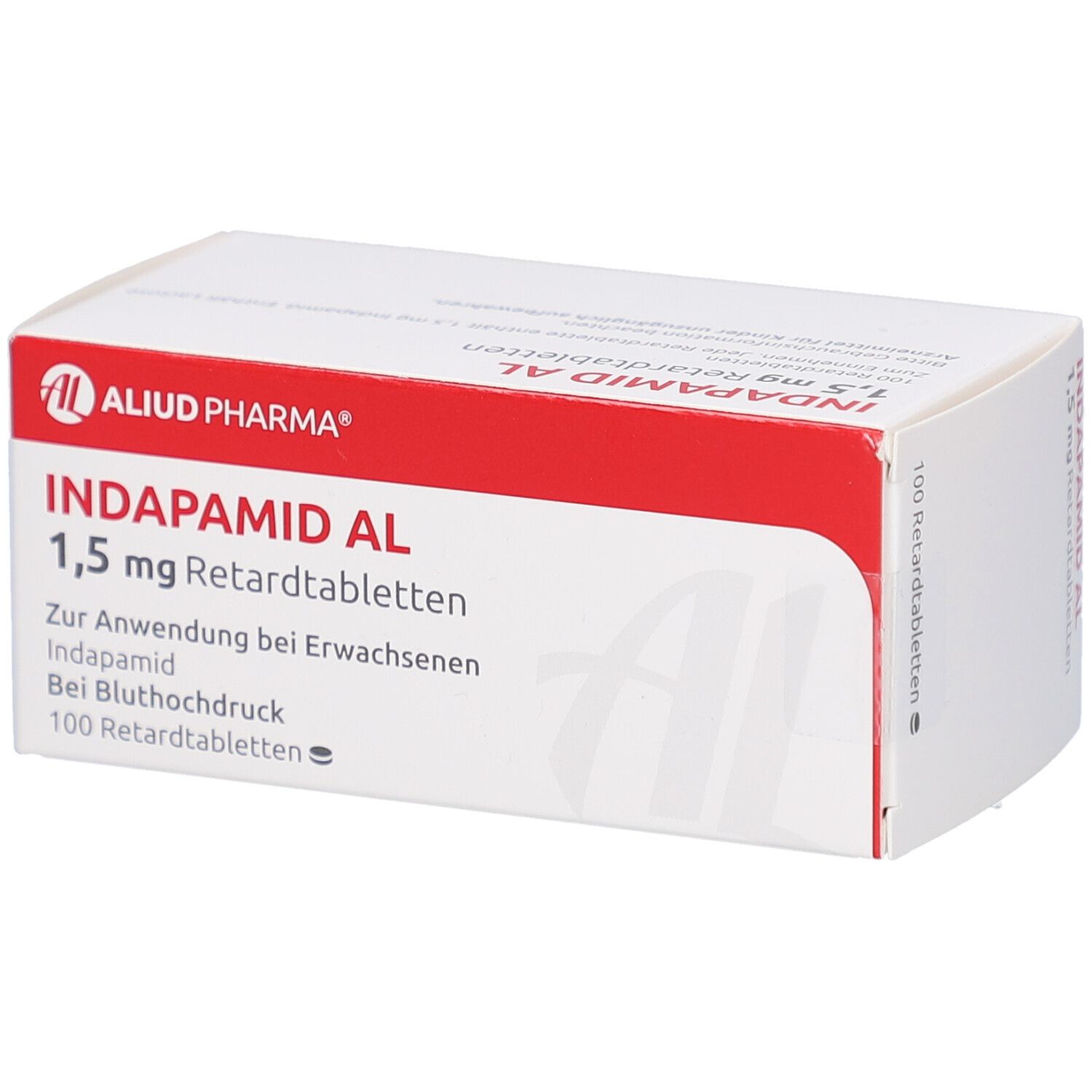 Schachtel INDAPAMID AL 1,5 mg Retardtabletten. Weiß mit roter Schrift und Logo. Text: AL, Aliud Pharma, 100 Retardtabletten.
