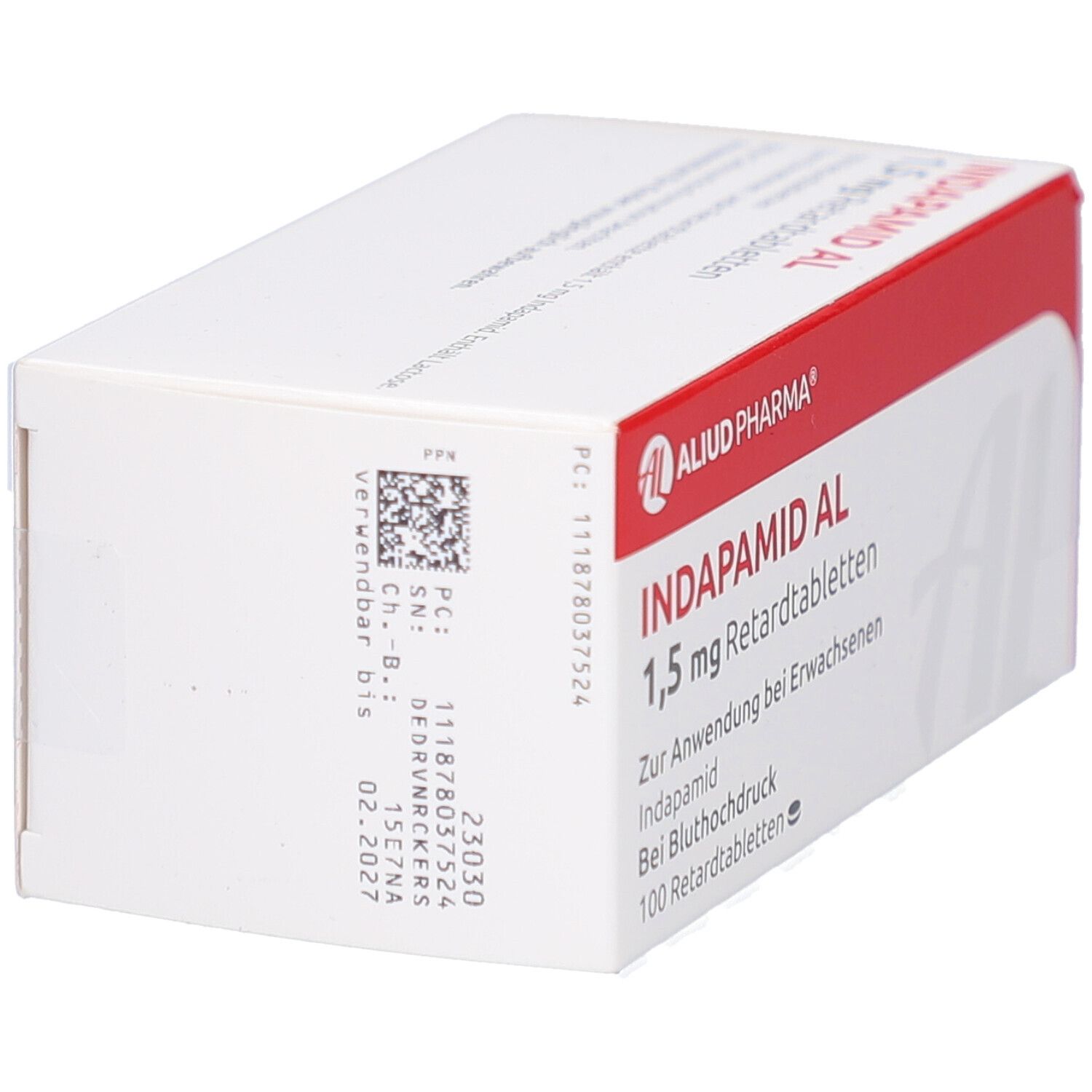 Schachtel INDAPAMID AL 1,5 mg Retardtabletten. Weiß mit roter Schrift und Logo. Text: AL, Aliud Pharma, 100 Retardtabletten.
