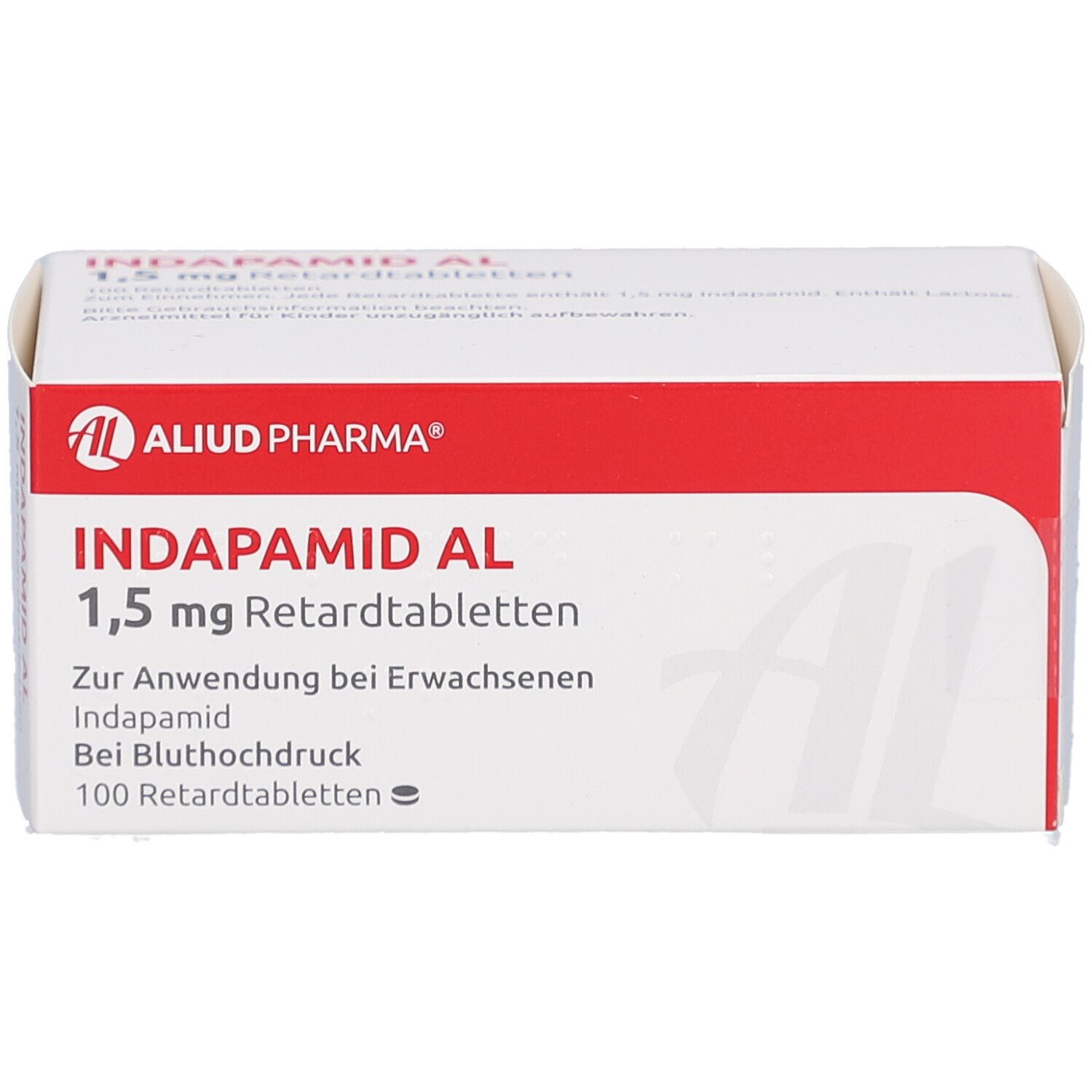 Schachtel INDAPAMID AL 1,5 mg Retardtabletten. Weiß mit roter Schrift und Logo. Text: AL, Aliud Pharma, 100 Retardtabletten.