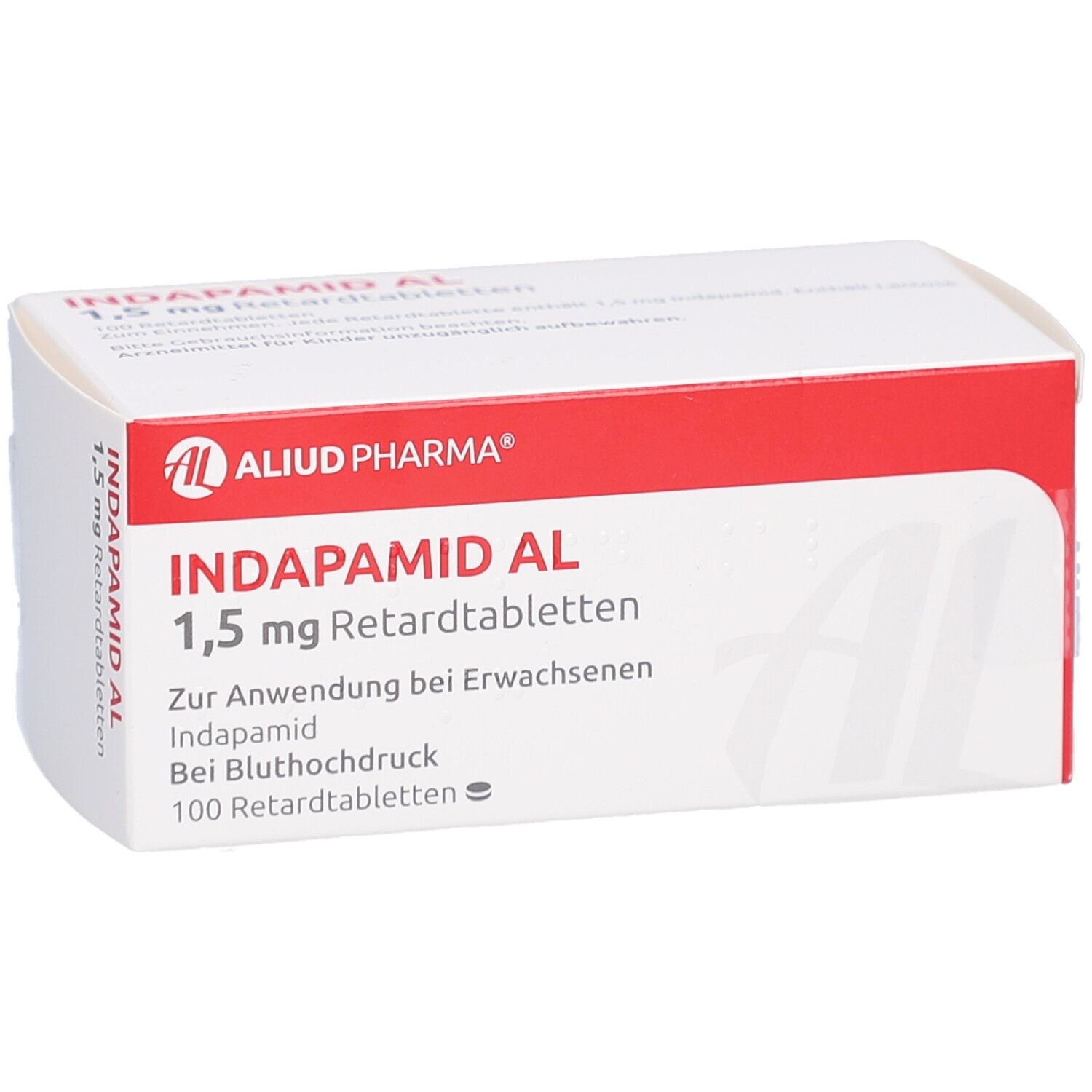 Schachtel INDAPAMID AL 1,5 mg Retardtabletten. Weiß mit roter Schrift und Logo. Text: AL, Aliud Pharma, 100 Retardtabletten.