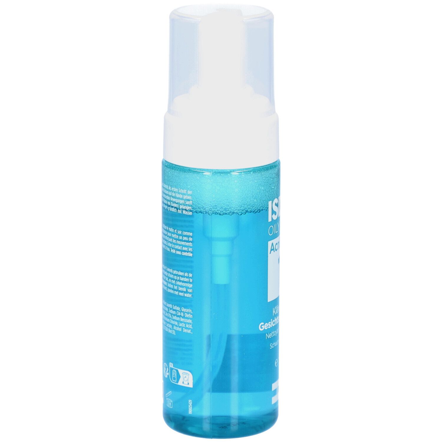 Durchsichtige blaue Flasche mit weißem Pumpspender. Innenliegende Pumpe sichtbar. Text auf der Rückseite.