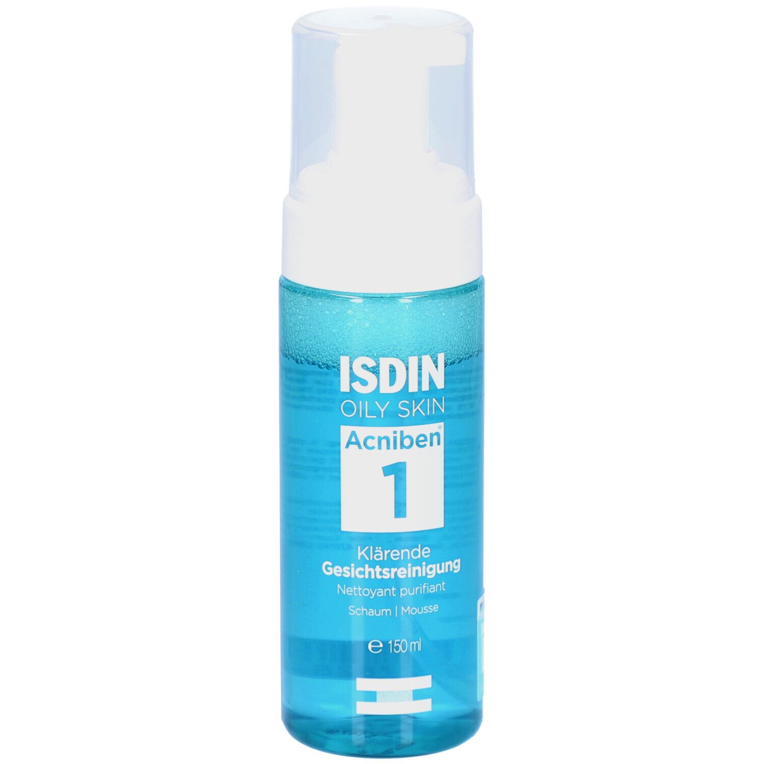 Blau-transparente Flasche mit weißem Pumpspender. Aufschrift: ISDIN OILY SKIN Acniben 1. Klärende Gesichtsreinigung. Schaum. 150ml.