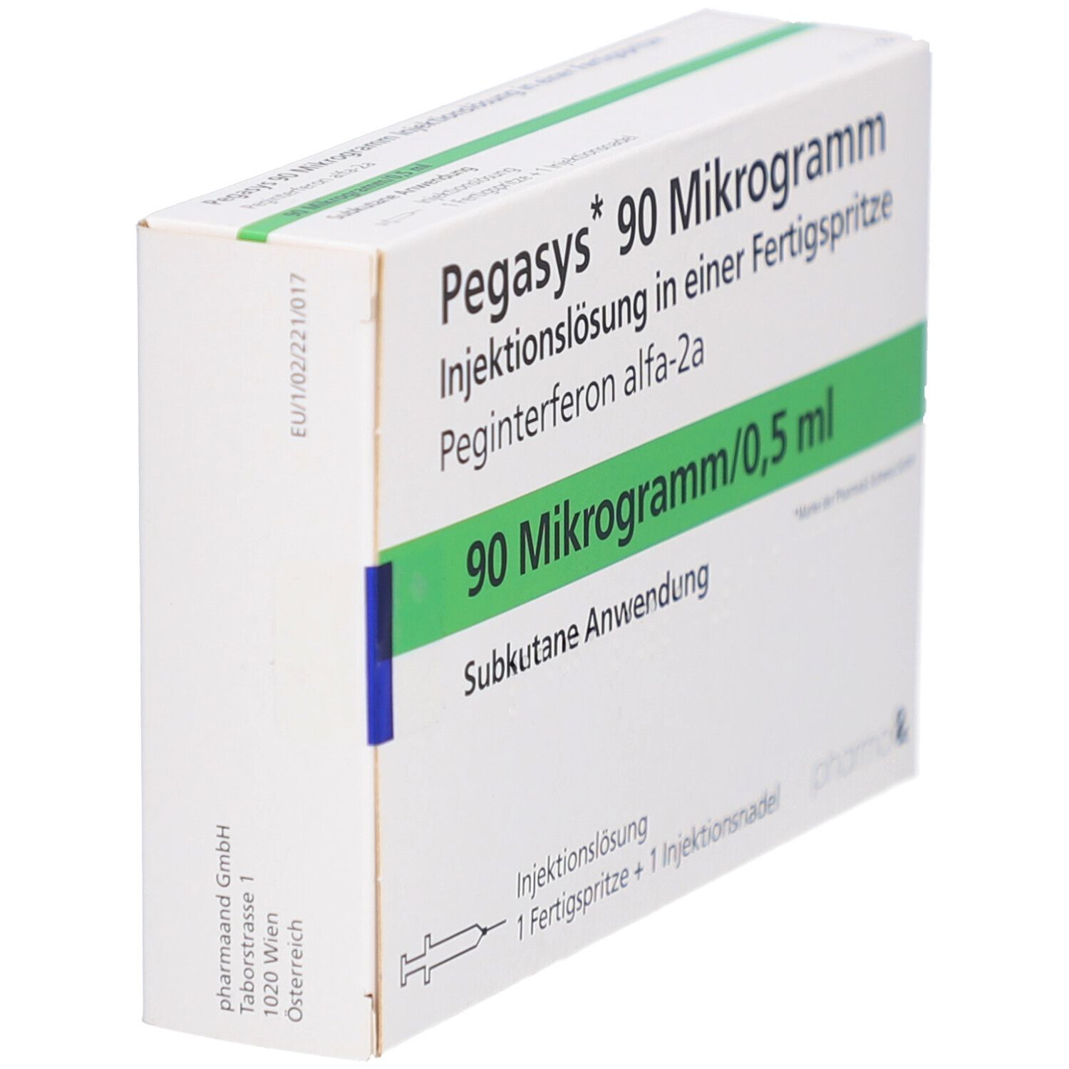 Weiße Faltschachtel mit grünen Akzenten. Beschriftung: Pegasys 90 Mikrogramm Injektionslösung. Enthält Fertigspritze und Injektionsnadel. Seitenansicht.
