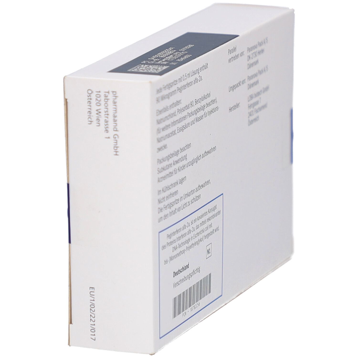 Seitenansicht der weißen Faltschachtel. Textinformationen und EU-Kennzeichnung. Enthält Barcode und N1-Kennzeichnung.