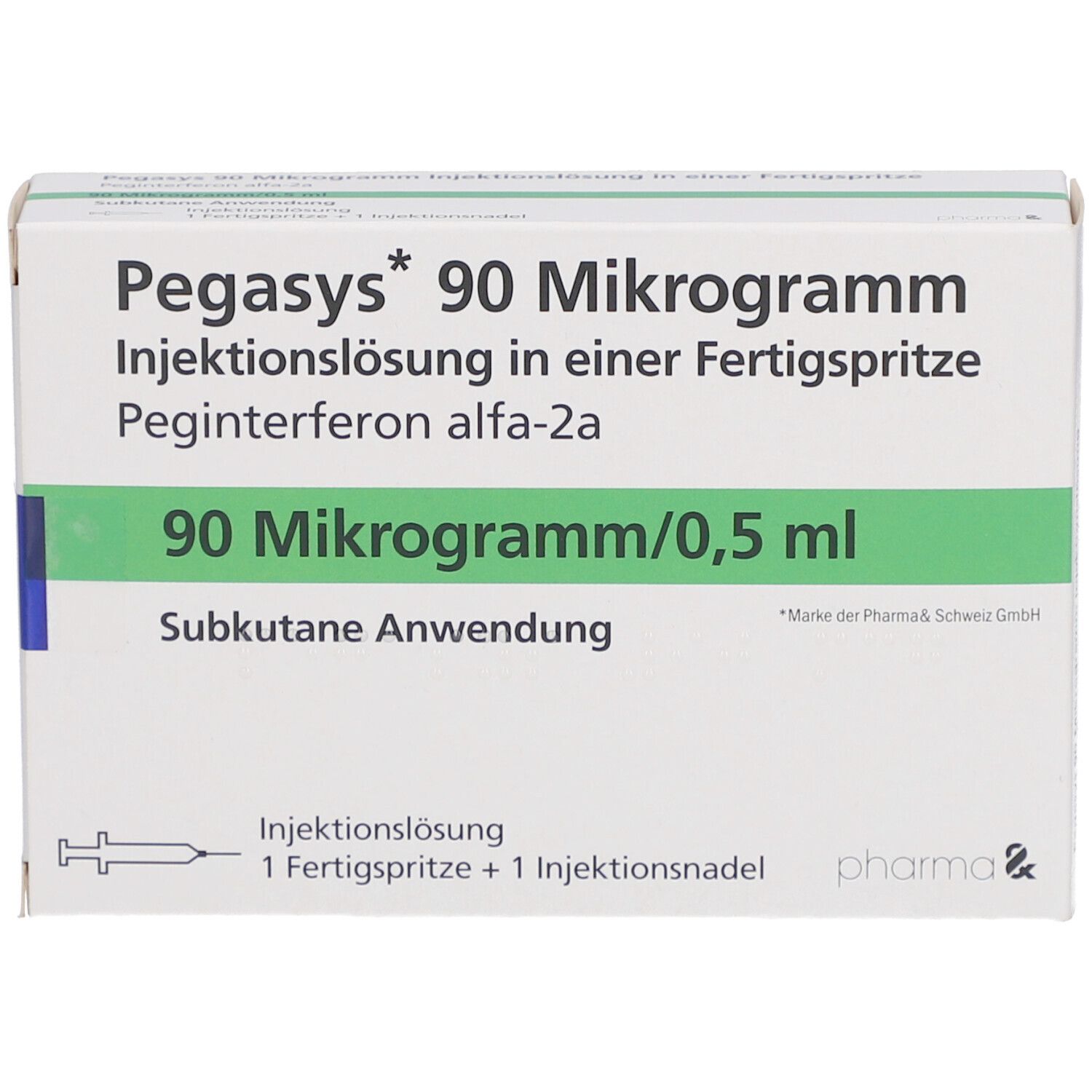 Weiße Faltschachtel mit grünen und blauen Akzenten. Beschriftung: Pegasys 90 Mikrogramm Injektionslösung. Enthält Fertigspritze und Injektionsnadel.