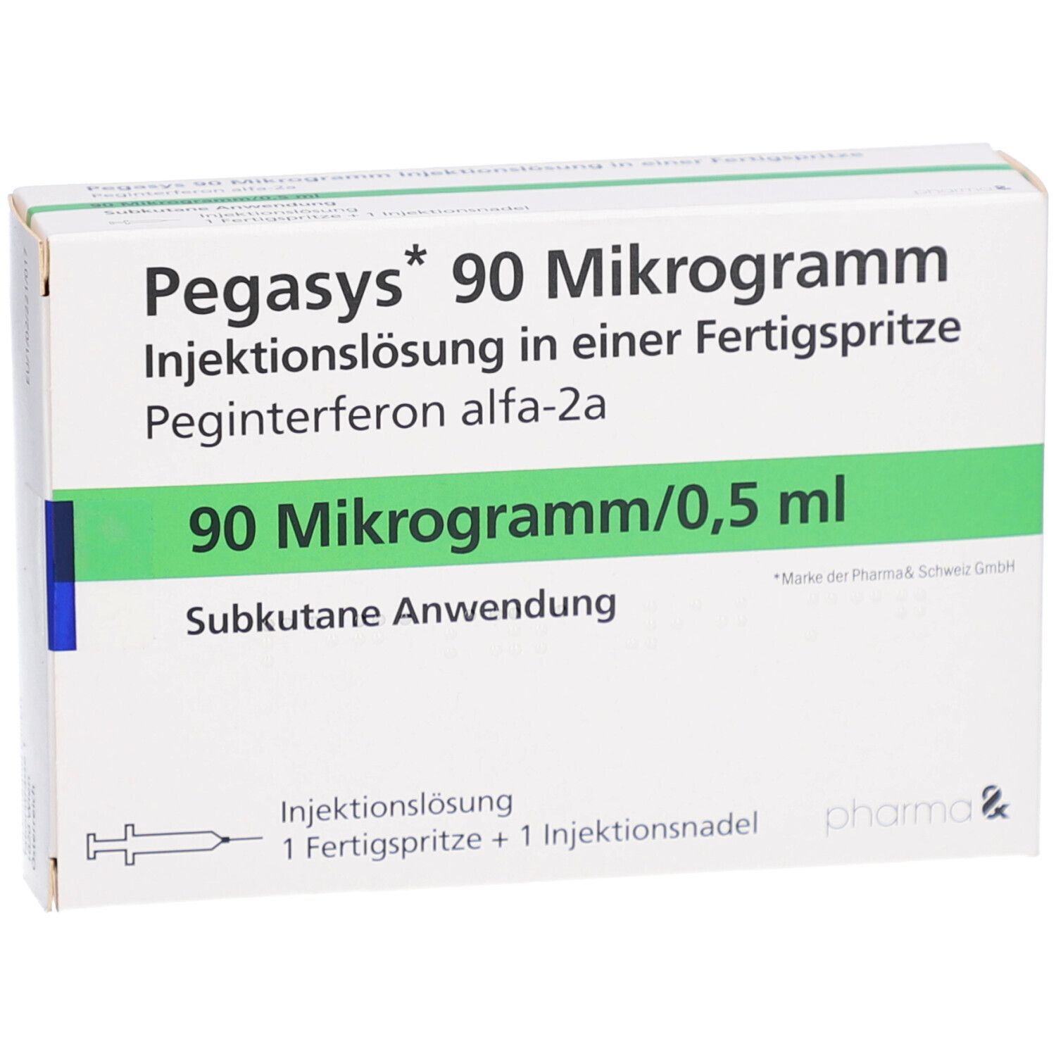 Weiße Faltschachtel mit grünen Akzenten. Beschriftung: Pegasys 90 Mikrogramm Injektionslösung. Enthält Fertigspritze und Injektionsnadel.