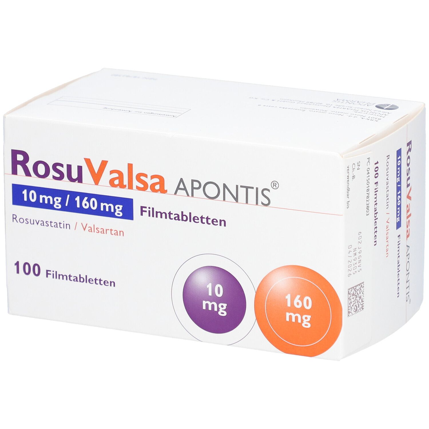 Weiße Schachtel mit ROSUVALSA APONTIS. Aufschrift: 10 mg / 160 mg Filmtabletten, 100 Filmtabletten. Kreise mit 10 mg und 160 mg.