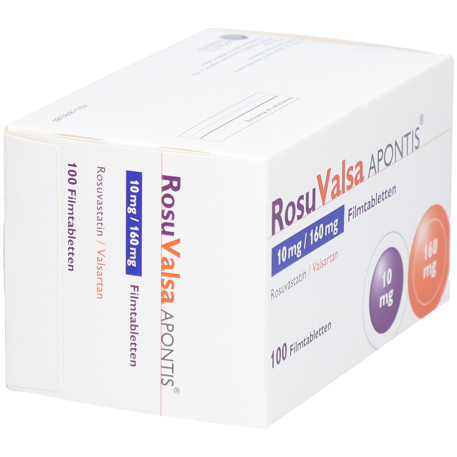 Schachtel ROSUVALSA APONTIS, weiß. Aufschrift: 10 mg / 160 mg Filmtabletten, 100 Filmtabletten. Kreise mit 10 mg und 160 mg. Ansicht schräg.