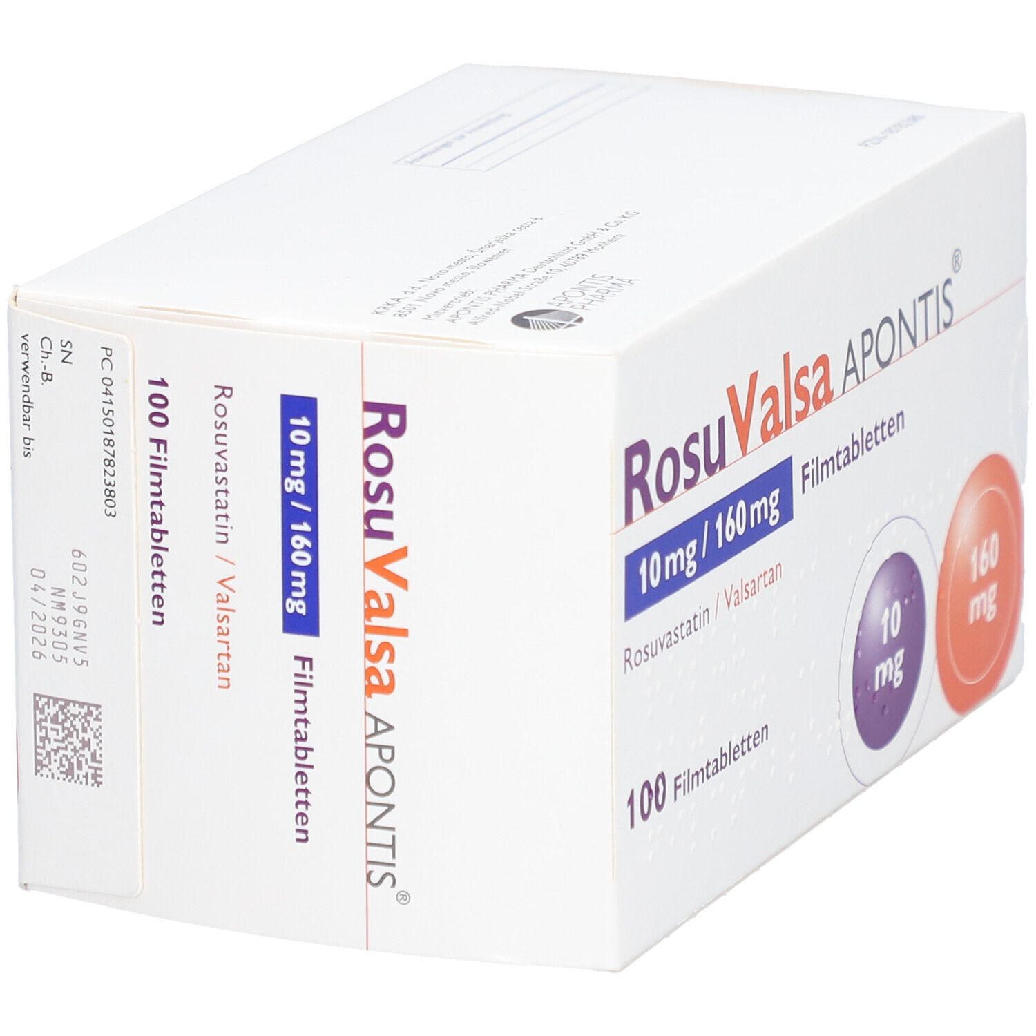 Schachtel ROSUVALSA APONTIS, weiß. Aufschrift: 10 mg / 160 mg Filmtabletten, 100 Filmtabletten. Kreise mit 10 mg und 160 mg. Ansicht schräg.