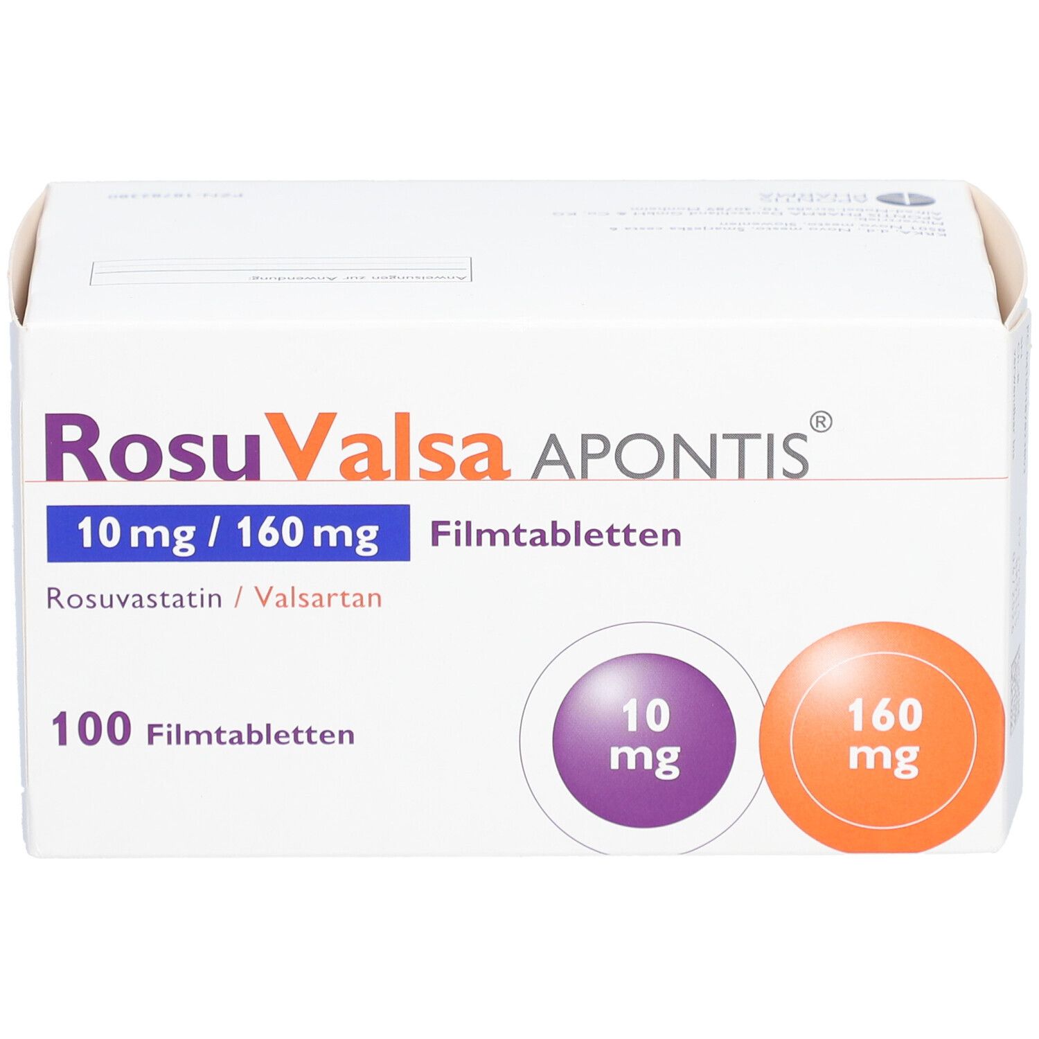 Weiße Schachtel mit ROSUVALSA APONTIS. Aufschrift: 10 mg / 160 mg Filmtabletten, 100 Filmtabletten. Kreise mit 10 mg und 160 mg.