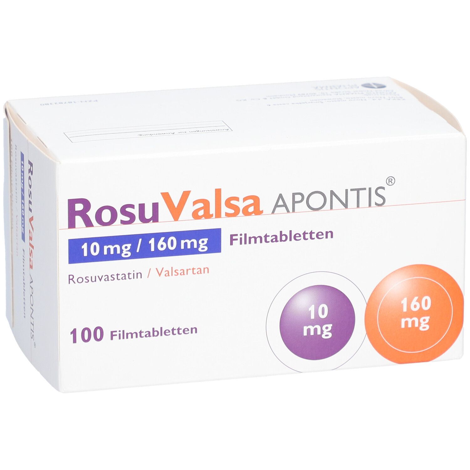 Weiße Schachtel mit ROSUVALSA APONTIS. Aufschrift: 10 mg / 160 mg Filmtabletten, 100 Filmtabletten. Kreise mit 10 mg und 160 mg.