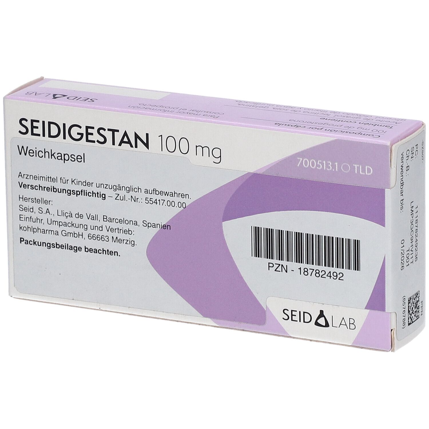 SEIDIGESTAN 100 mg Weichkapseln Verpackung. Weiß-lila Karton. Text: Weichkapsel. SEIDIG LAB Logo. PZN-Nummer und weitere Informationen.