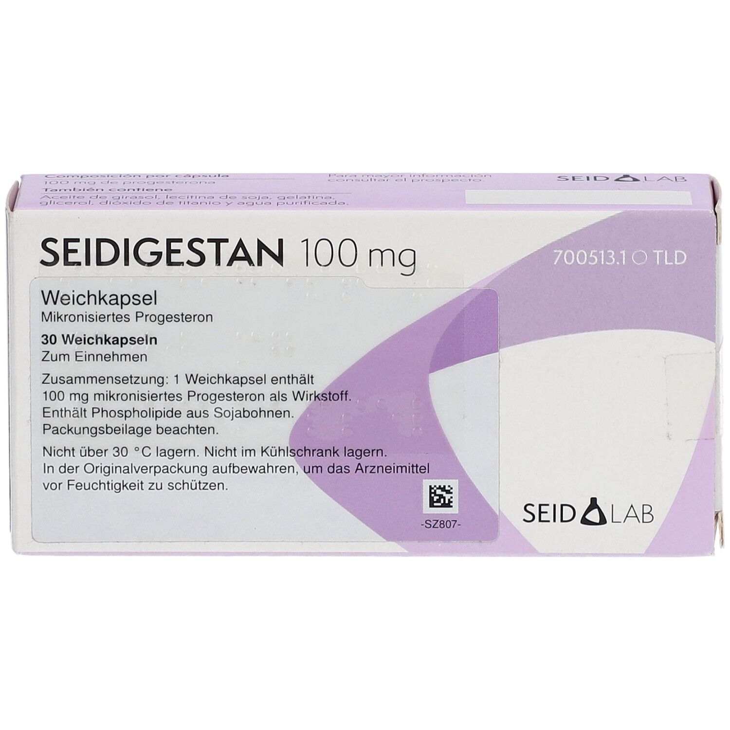 SEIDIGESTAN 100 mg Weichkapseln Verpackung. Weiß-lila Karton. Text: Weichkapsel, 30 Stück. SEIDIG LAB Logo. Informationen zur Einnahme.