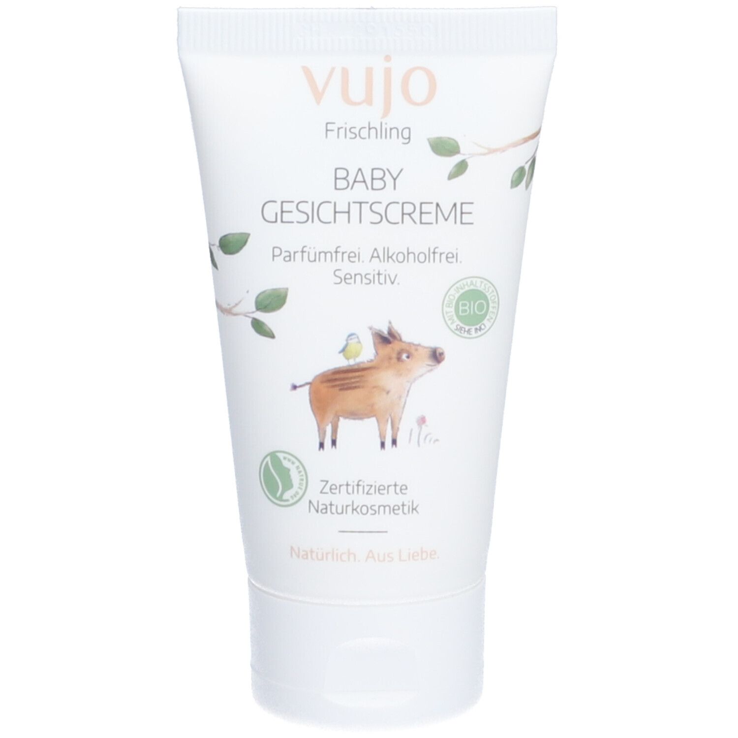 Weiße Tube mit Produktaufdruck. Aufdruck: vujo Baby Gesichtscreme, Illustration Ferkel. Zertifizierte Naturkosmetik. Parfümfrei, alkoholfrei.