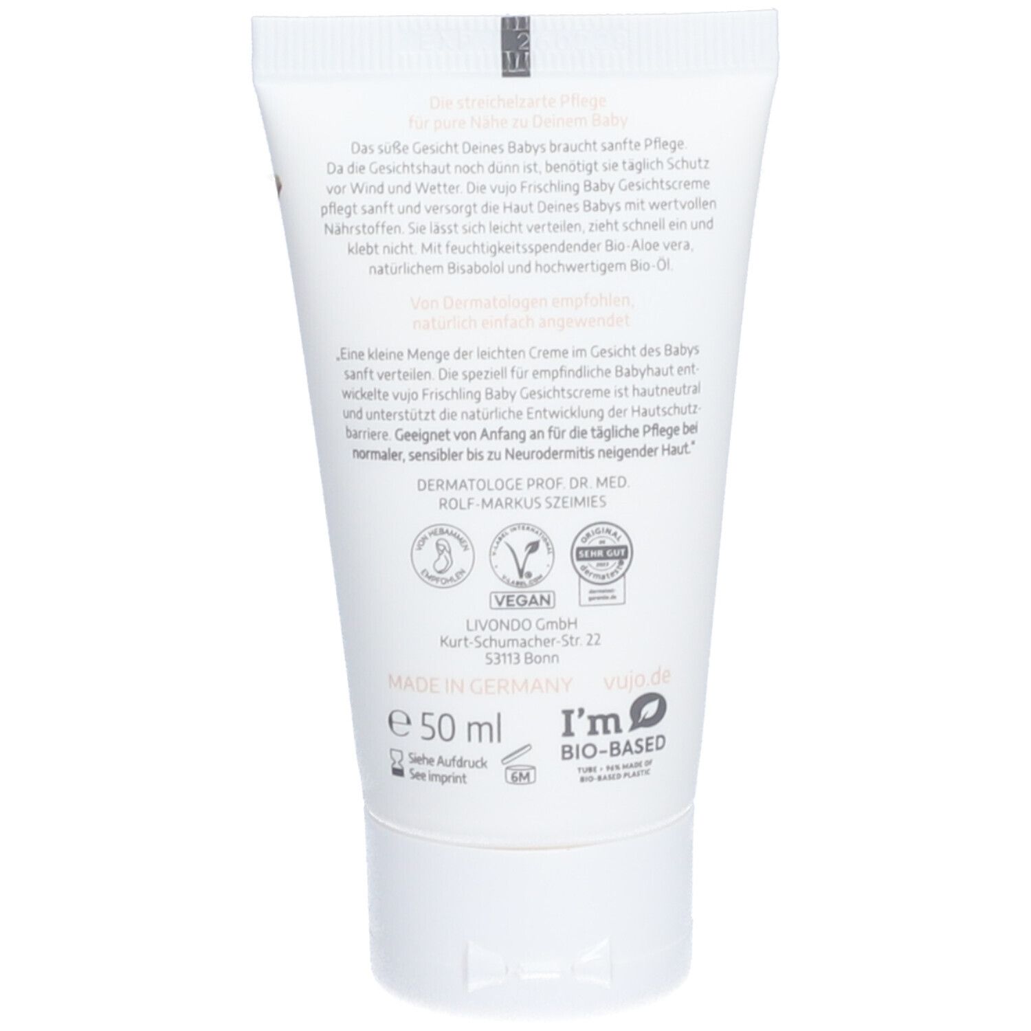 Rückseite der Tube. Text: Pflege für Babys Haut. Dermatologisch getestet. Vegan. 50 ml. I'm bio-based.