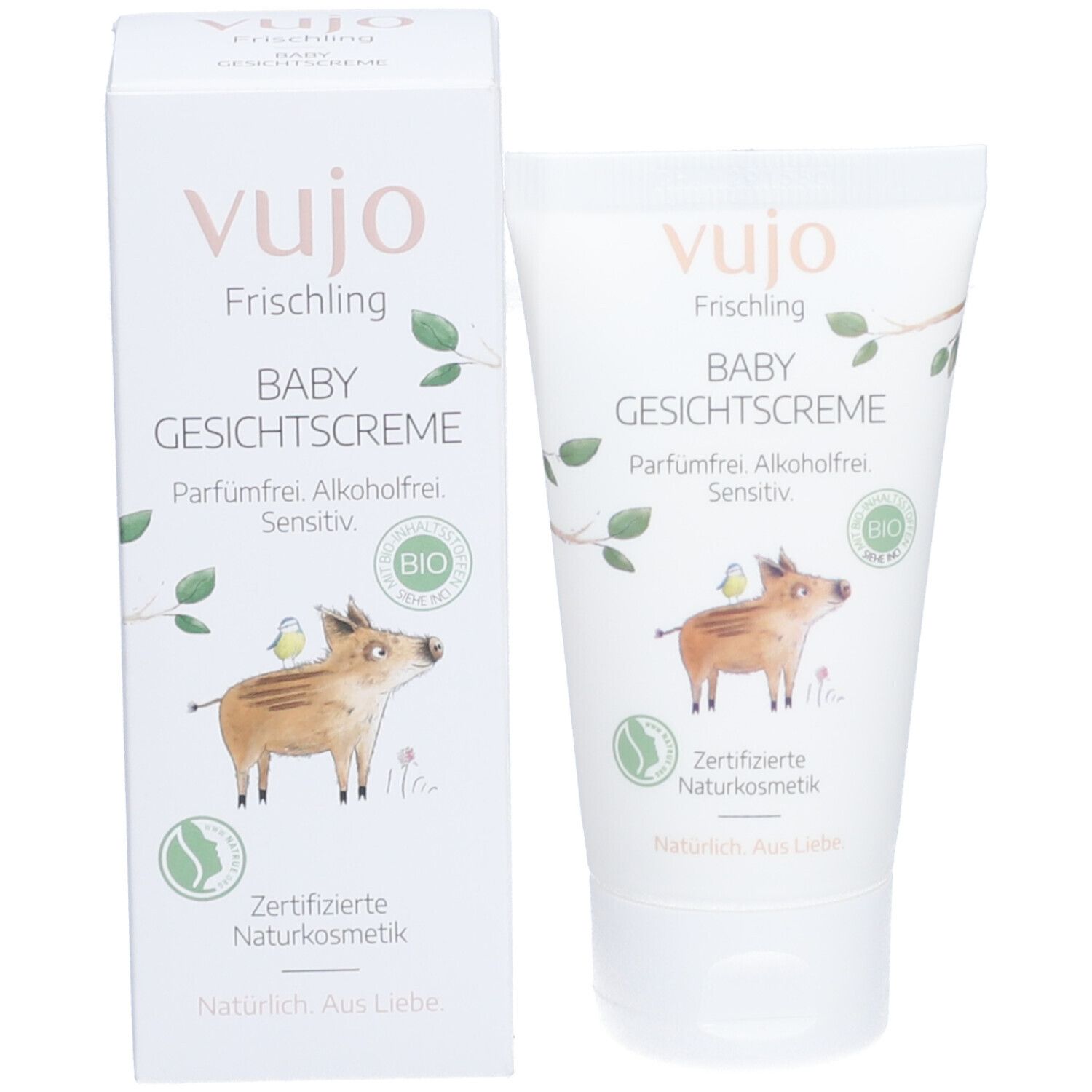 Weiße Tube und Karton mit Produktaufdruck. Aufdruck: vujo Baby Gesichtscreme, Illustration Ferkel. Zertifizierte Naturkosmetik.