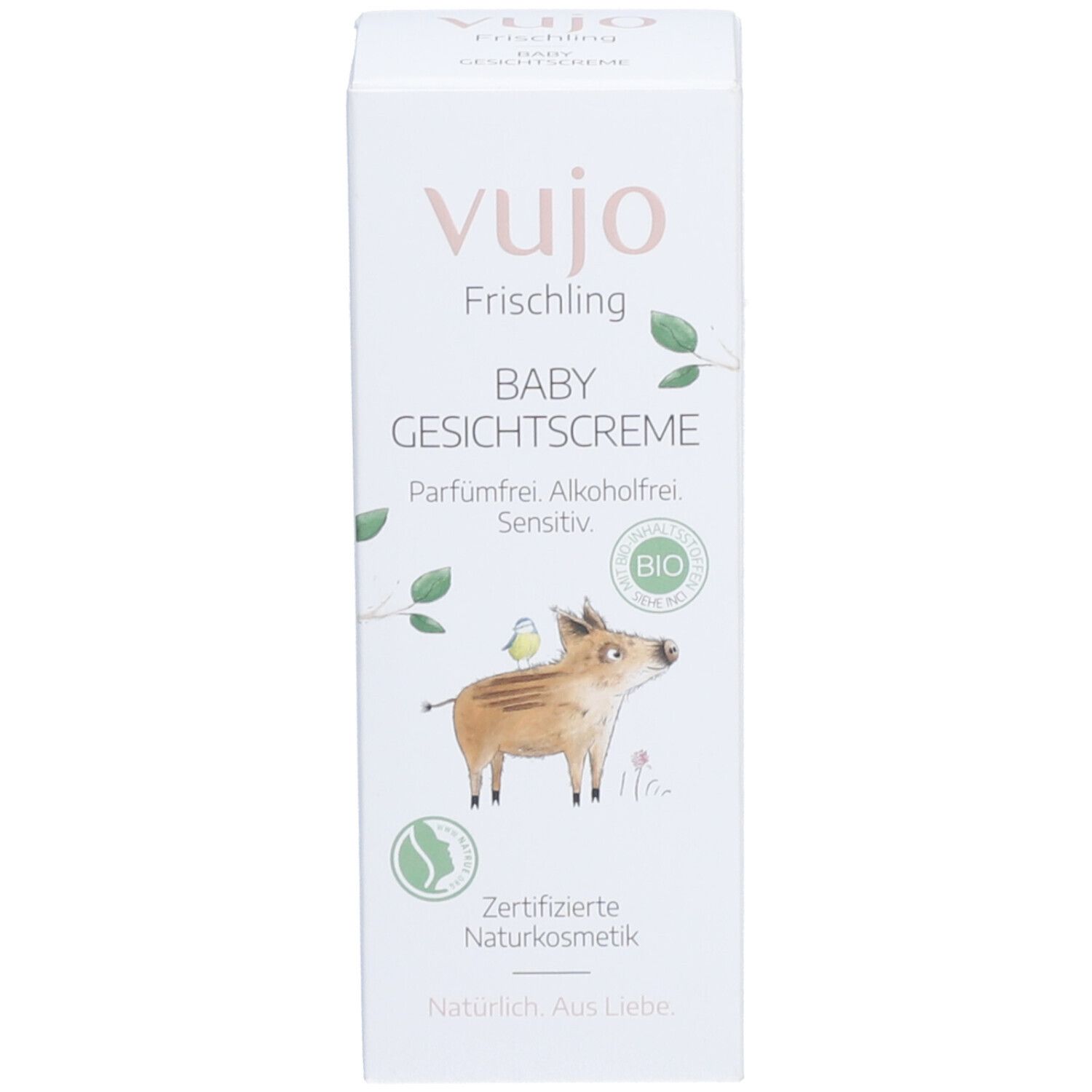 Weißer Karton mit Produktaufdruck. Aufdruck: vujo Baby Gesichtscreme, Illustration Ferkel. Zertifizierte Naturkosmetik. Natürlich, aus Liebe.
