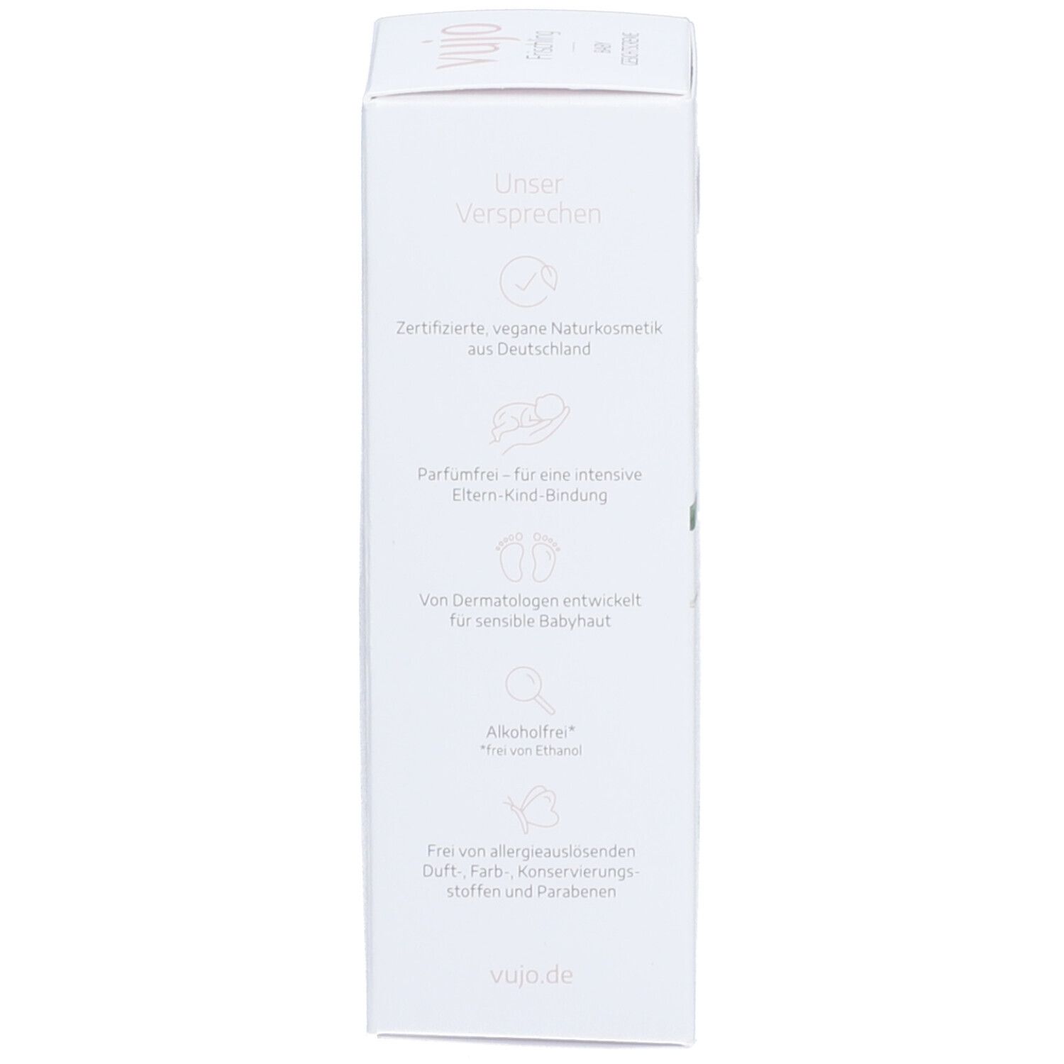 Seite des Kartons. Text: Zertifizierte, vegane Naturkosmetik aus Deutschland. Frei von Duft-, Farb- und Konservierungsstoffen.