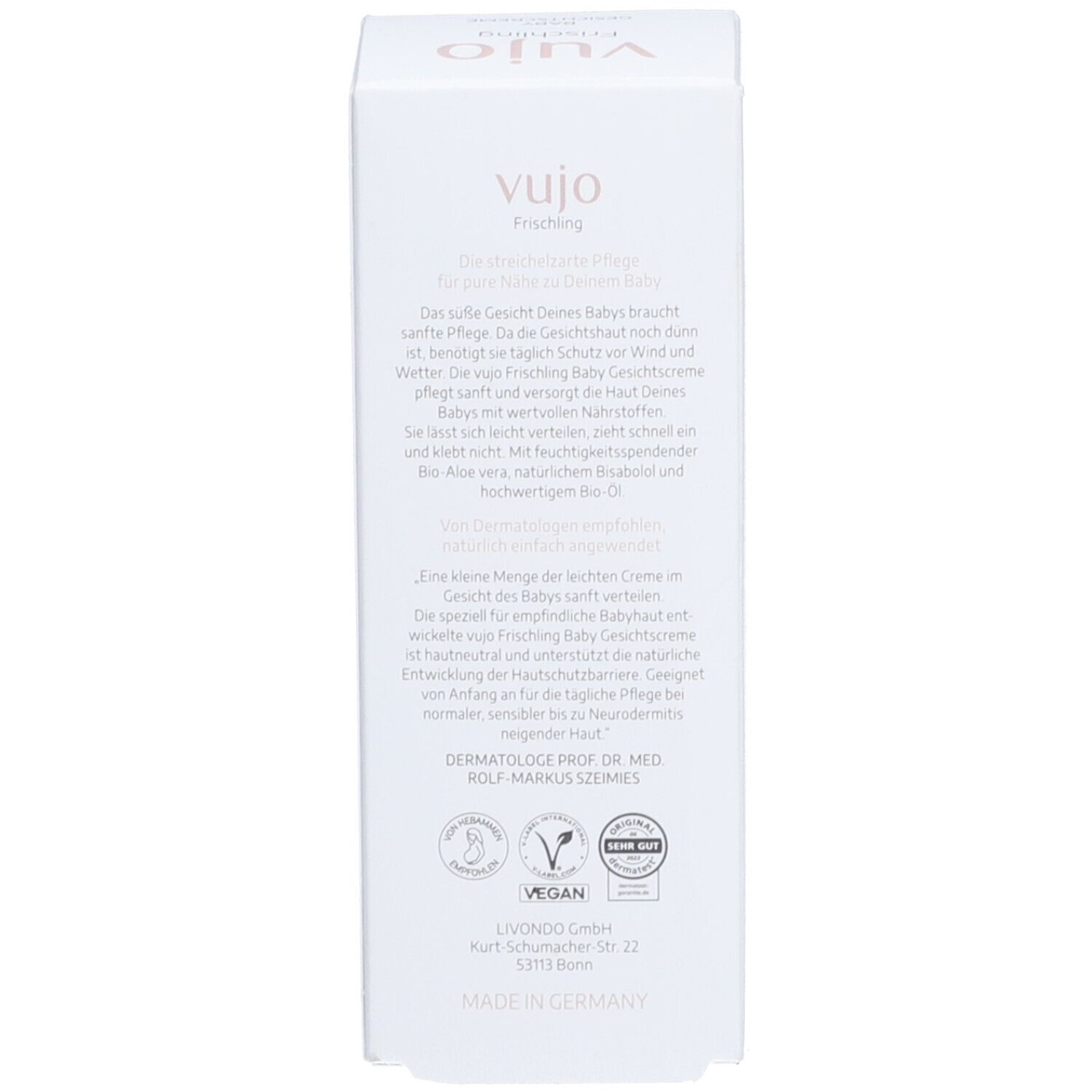 Seite des Kartons. Text: Pflege für Babys Gesicht. Dermatologisch getestet. Vegan. 50 ml. I'm bio-based.