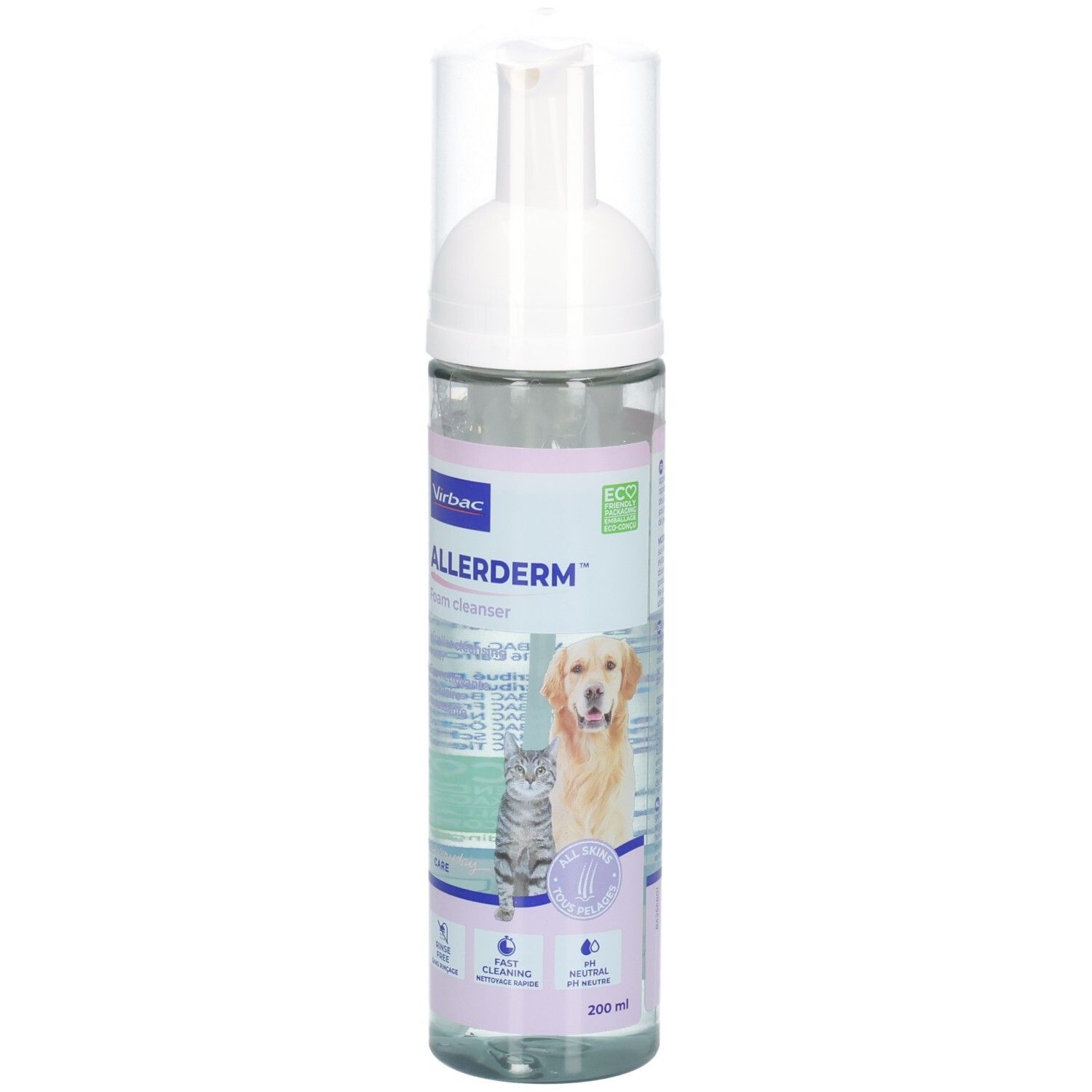 Virbac Allerderm™ Schaum Flasche. Produktname, Logo, Abbildungen von Hund und Katze. Volumenangabe: 200 ml.