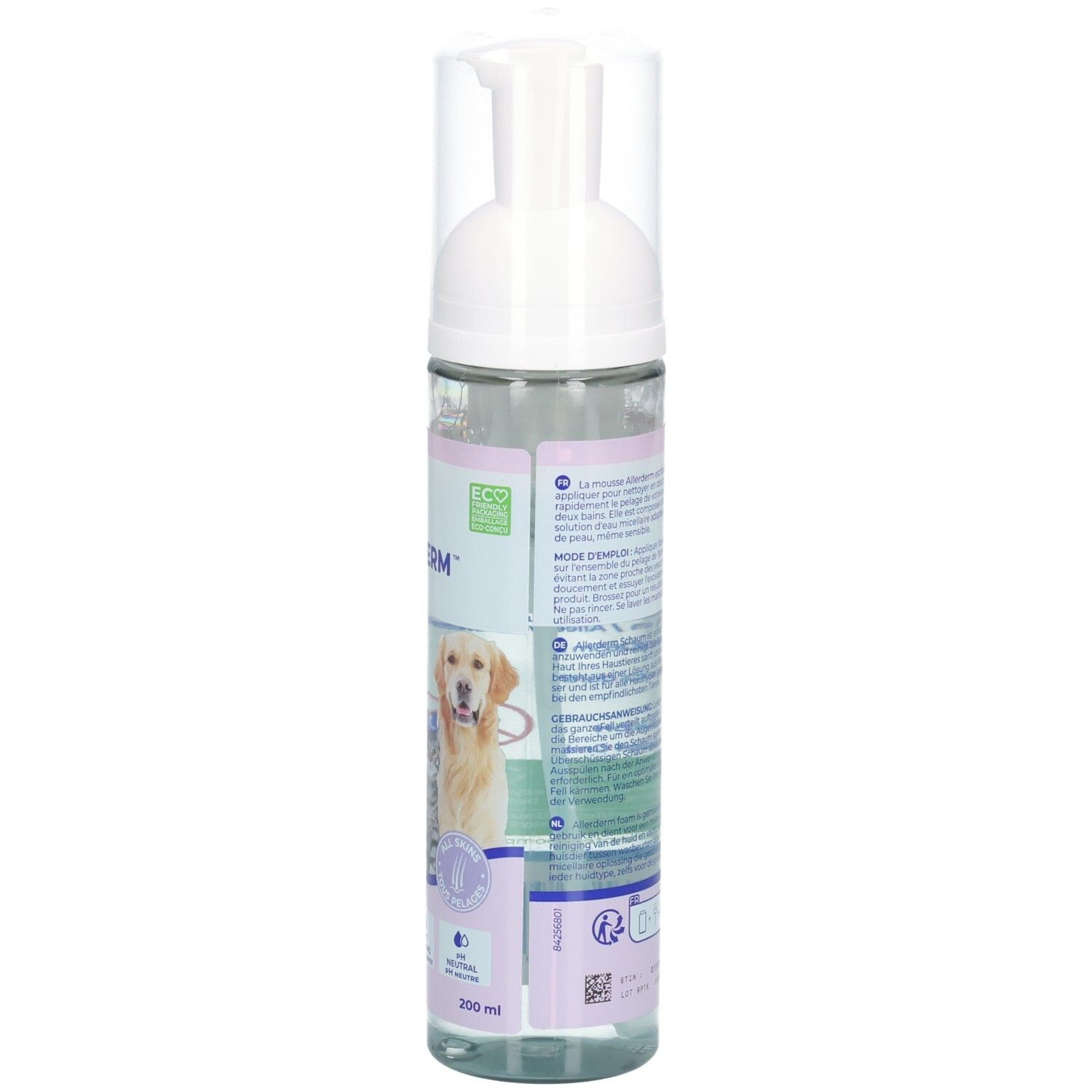 Rückseite der Virbac Allerderm™ Schaum Flasche. Text in mehreren Sprachen. Volumenangabe: 200 ml.