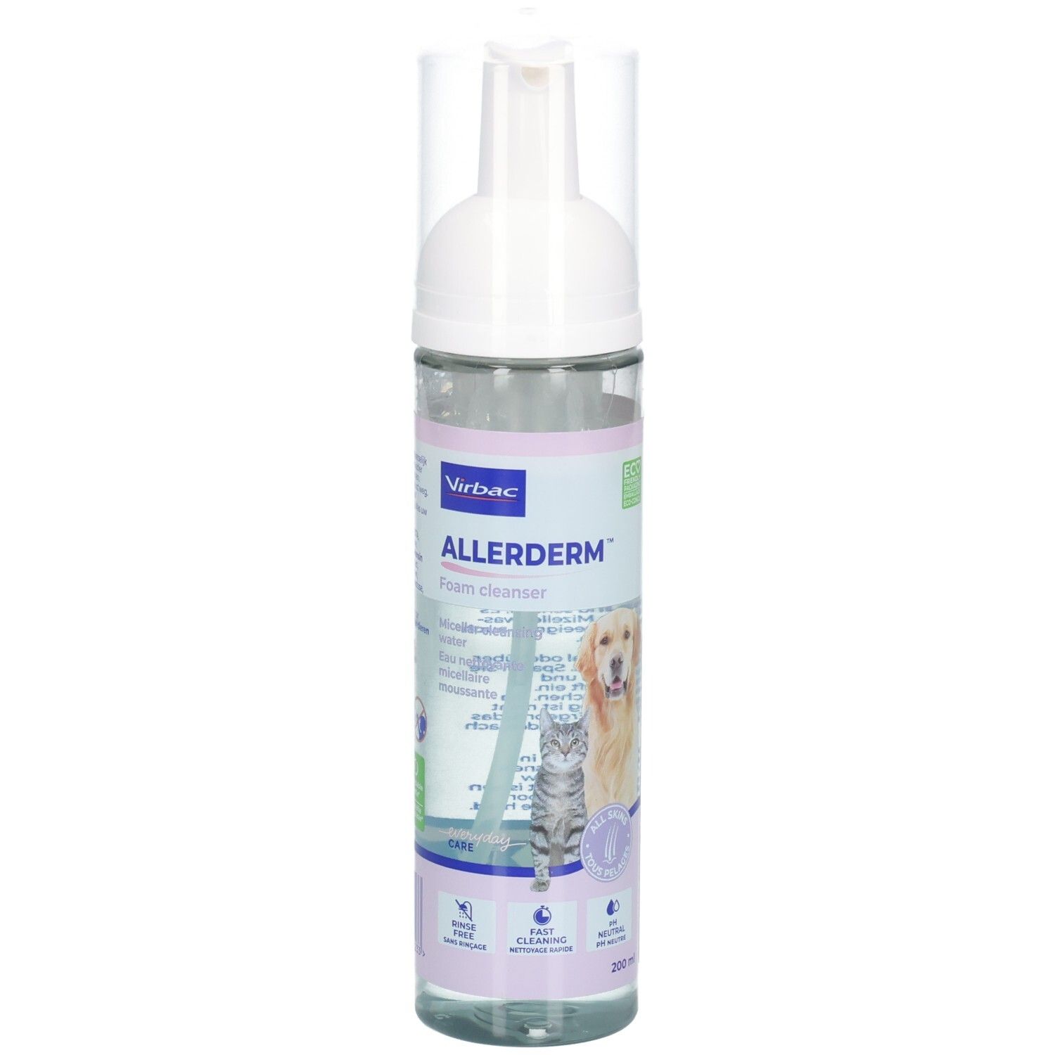Virbac Allerderm™ Schaum Flasche. Produktname, Logo, Abbildungen von Hund und Katze. Volumenangabe: 200 ml.