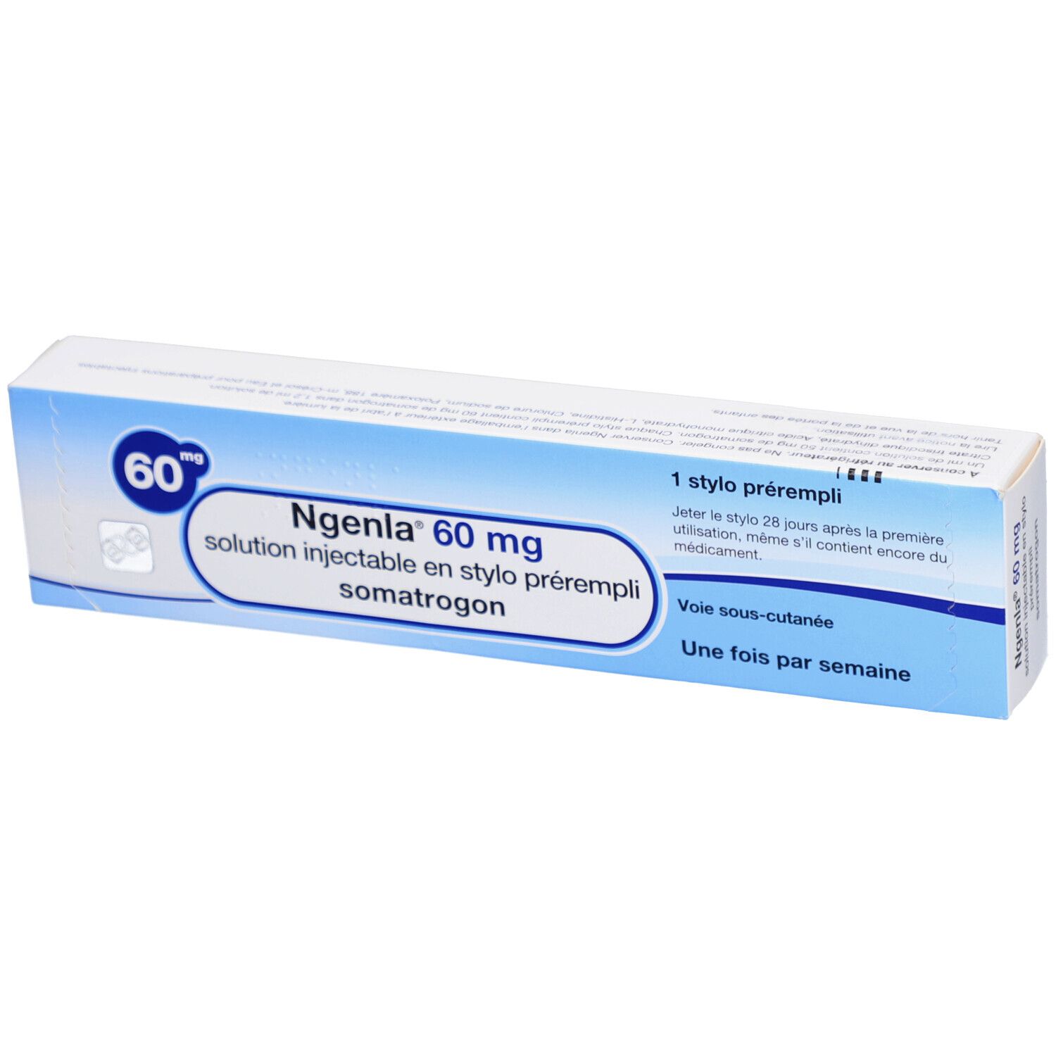 Schachtel mit Produktinformationen. Beschriftung: Ngenla 60 mg Injektionslösung im Fertigpen. Blaue und weiße Farbgebung.