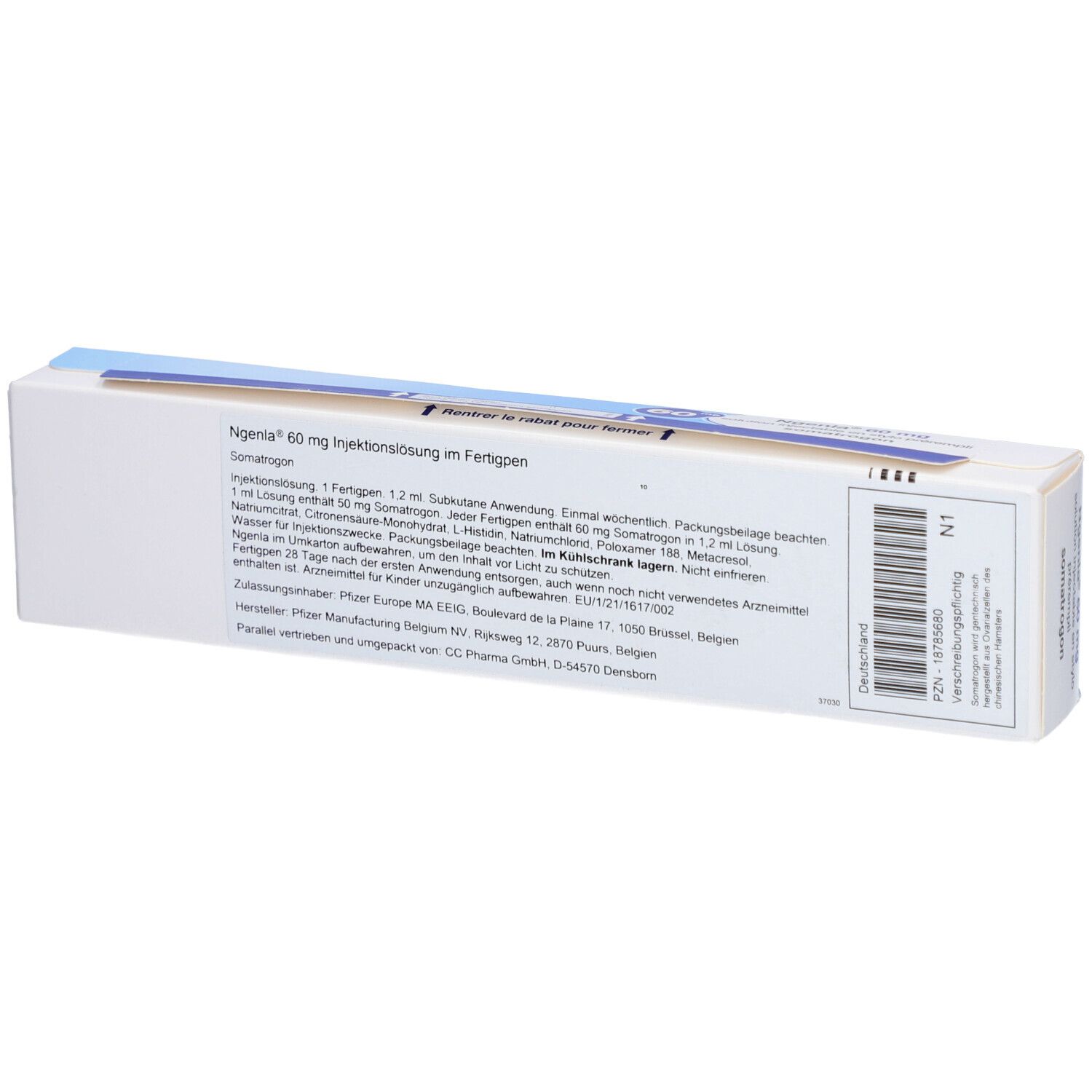 Schachtel mit Produktinformationen. Beschriftung: Ngenla 60 mg Injektionslösung im Fertigpen. Text auf Deutsch.