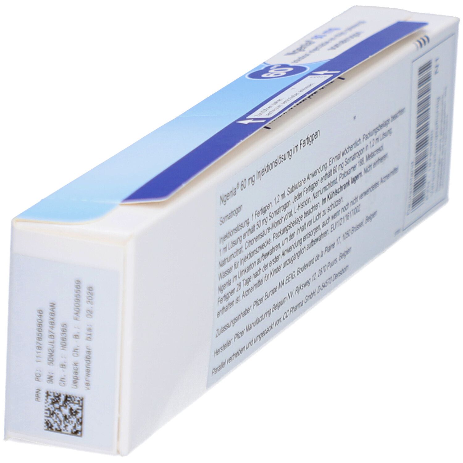 Schachtel, schräg von oben. Beschriftung: Ngenla 60 mg Injektionslösung im Fertigpen. Text auf Deutsch.
