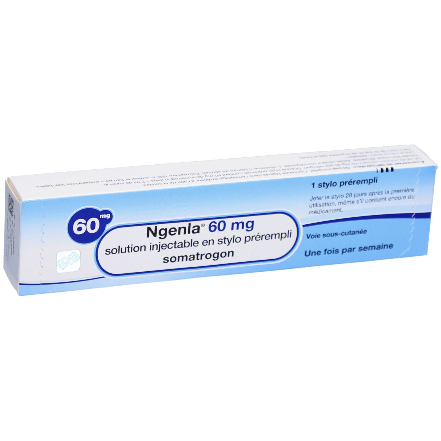 Schachtel mit Produktinformationen. Beschriftung: Ngenla 60 mg Injektionslösung im Fertigpen. Blaue und weiße Farbgebung.