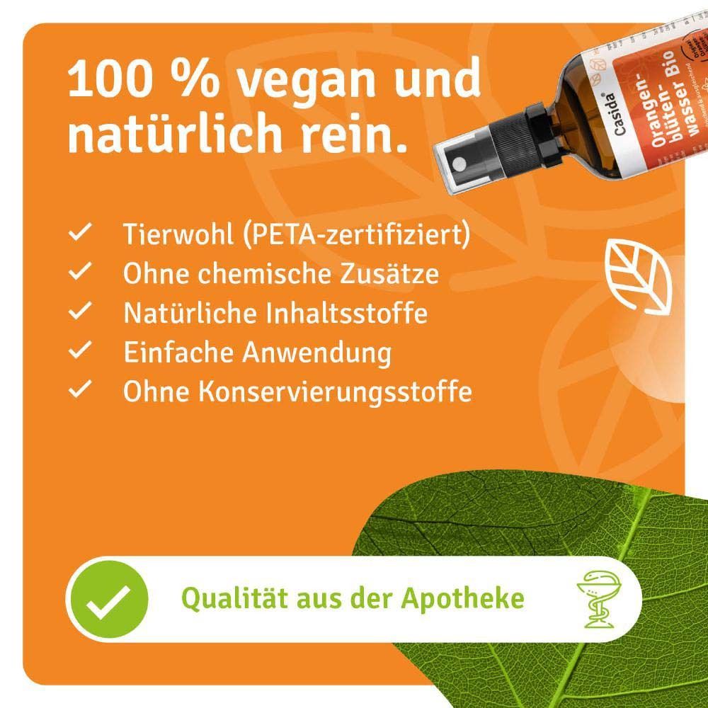 Produktflasche mit Text: 100 % vegan und natürlich rein. Tierwohl (PETA-zertifiziert), ohne chemische Zusätze, natürliche Inhaltsstoffe, ohne Konservierungsstoffe. Qualität aus der Apotheke.