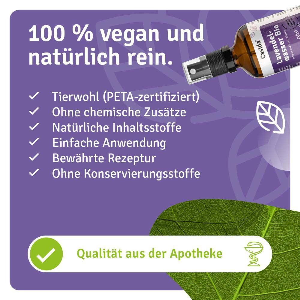 Produktflasche neben Text. Text: 100 % vegan und natürlich rein. PETA-zertifiziert. Ohne chemische Zusätze.