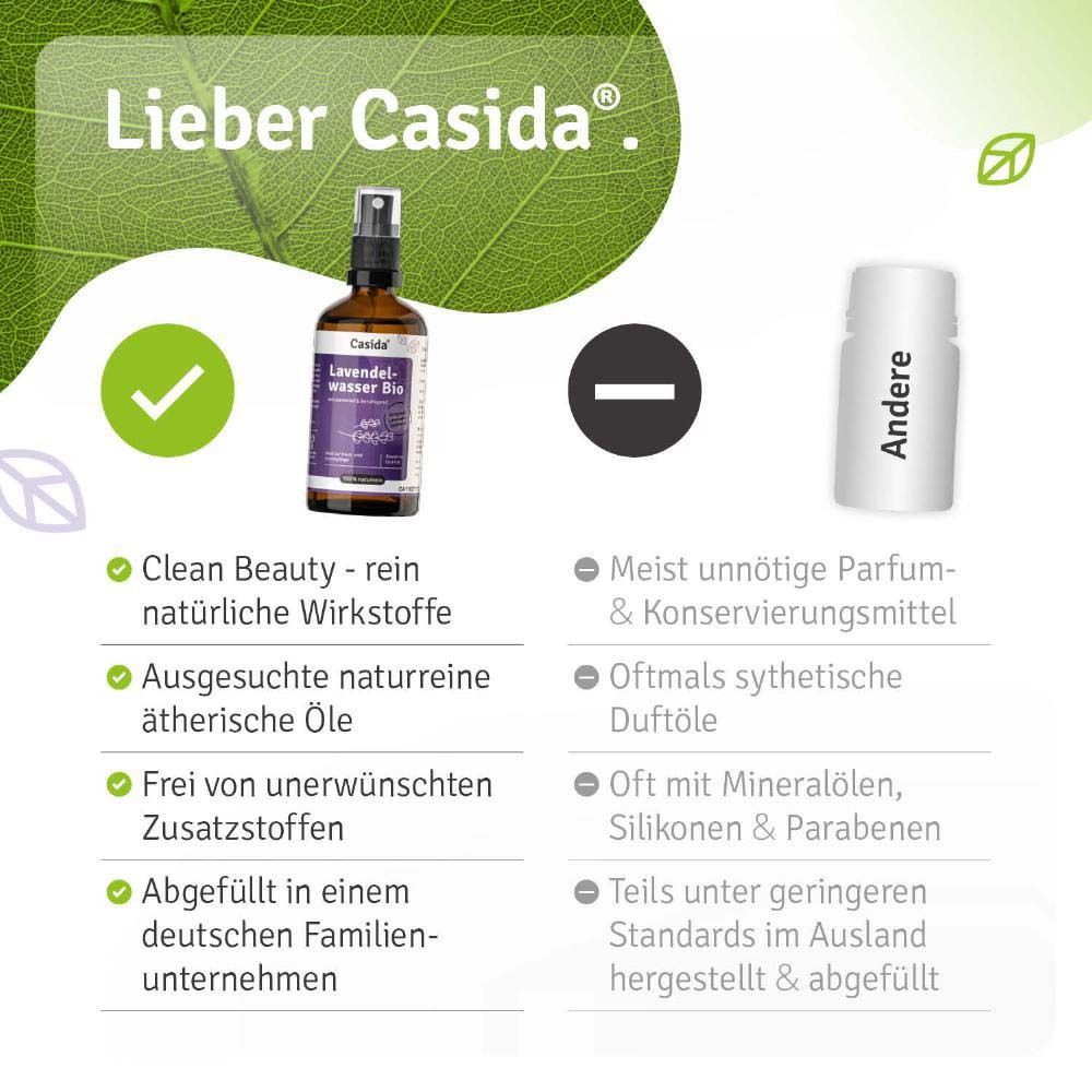 Produktflasche neben Text. Text: Lieber Casida. Clean Beauty. Ausgesuchte naturreine ätherische Öle. Ohne Zusätze.