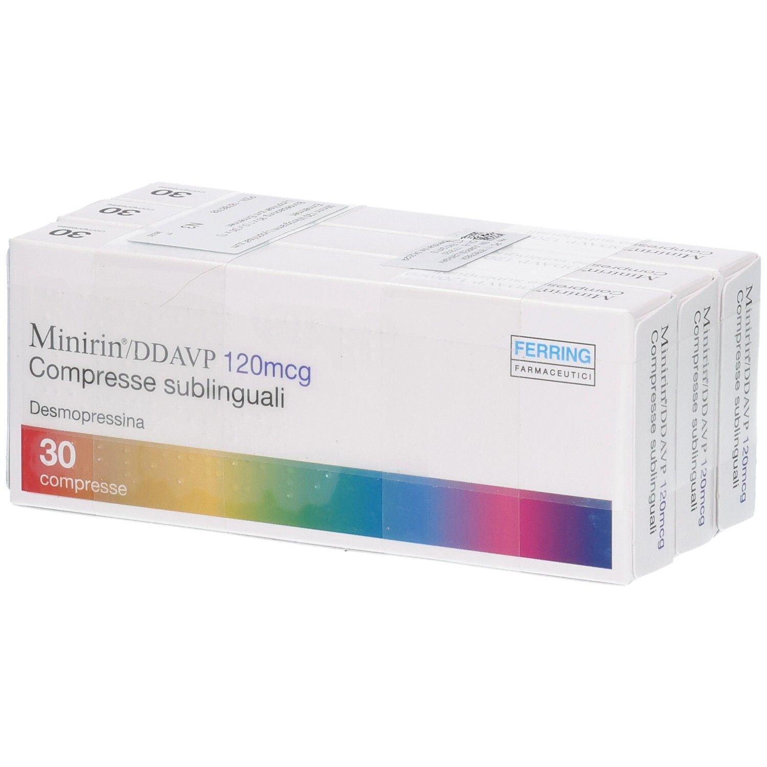 Packung mit 30 Tabletten. Aufschrift: Minirin/DDAVP 120mcg Compresse sublinguali. Marke Ferring. Farbverlauf.