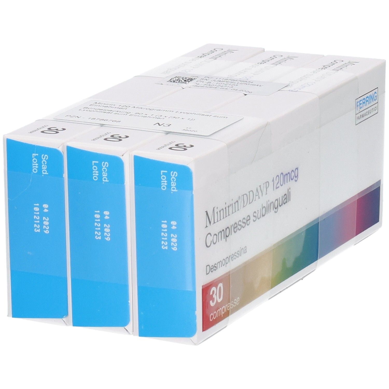 Packung mit 30 Tabletten. Aufschrift: Minirin/DDAVP 120mcg Compresse sublinguali. Marke Ferring. Blaue Seiten.
