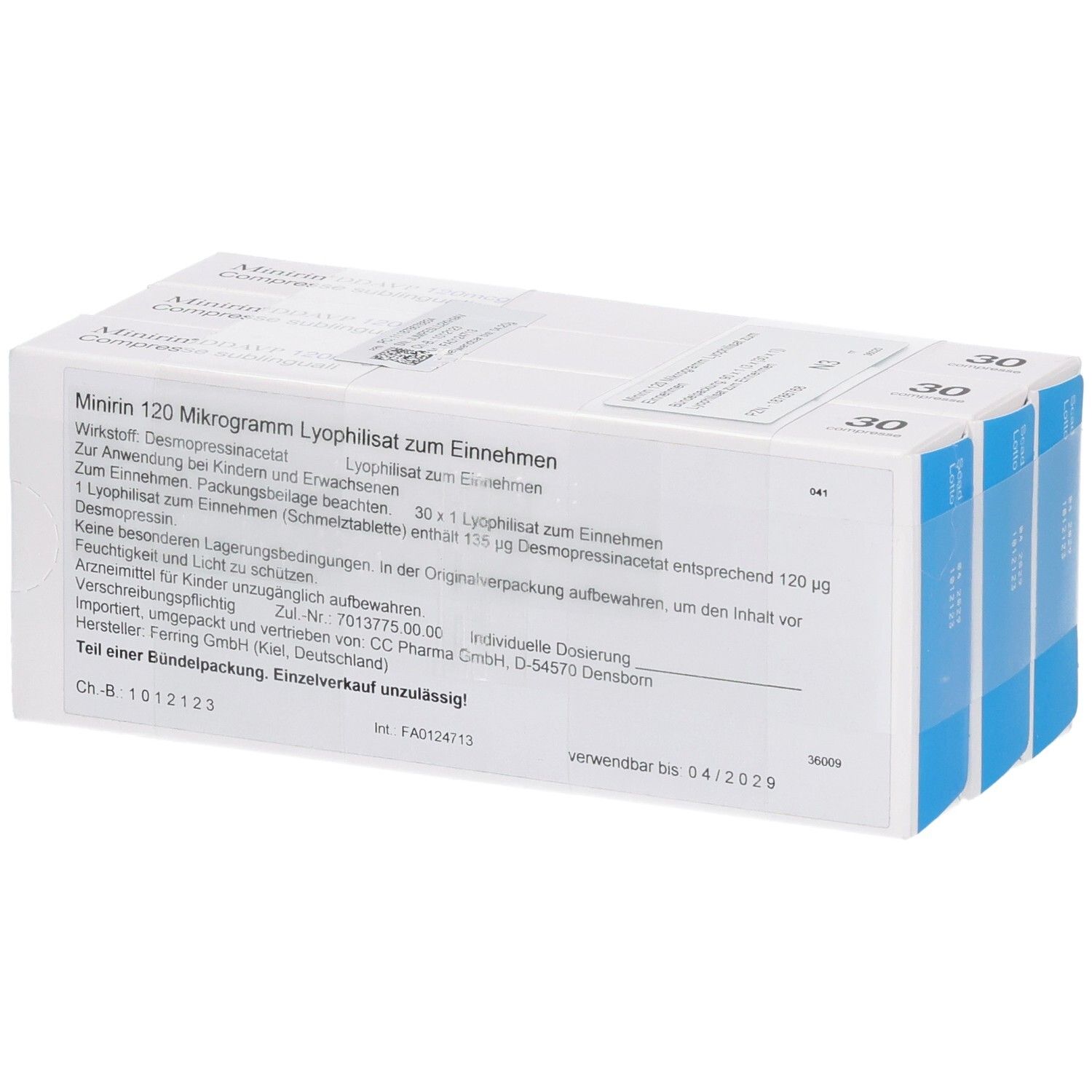 Packung mit 30 Tabletten. Aufschrift: Minirin 120 Mikrogramm Lyophilisat zum Einnehmen. Blaue Seiten.
