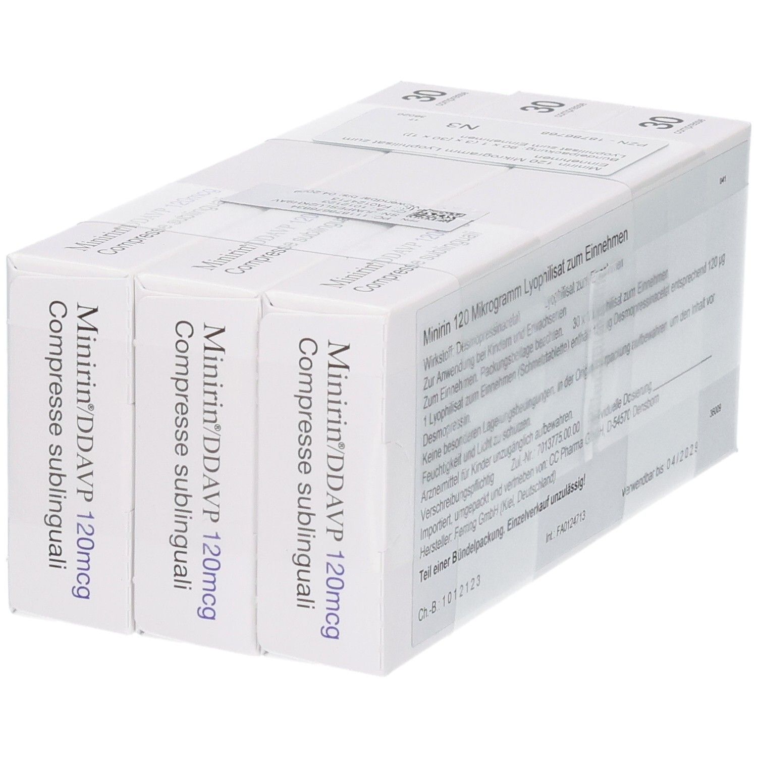 Packung mit 30 Tabletten. Aufschrift: Minirin/DDAVP 120mcg Compresse sublinguali. Blaue Seiten.