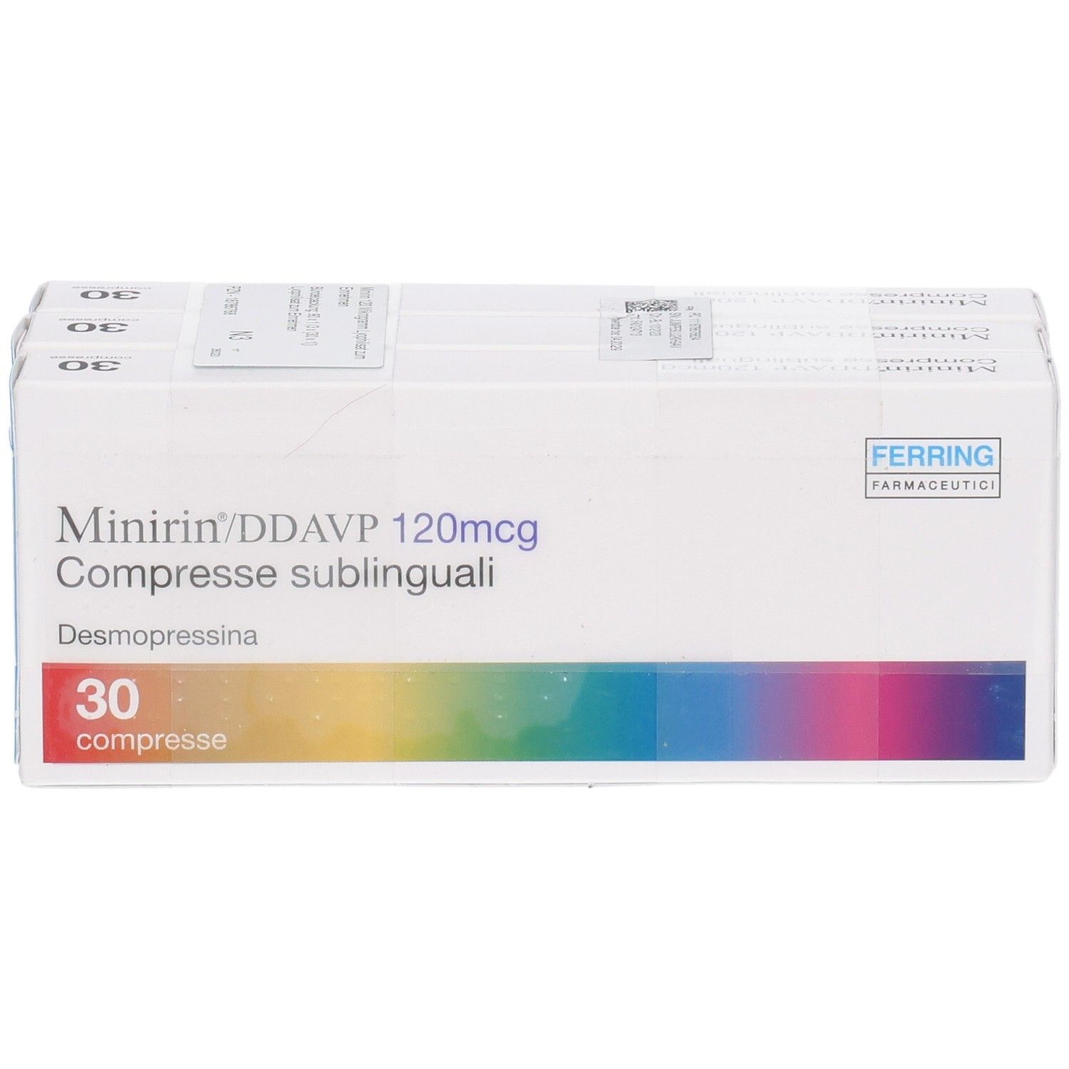 Packung mit 30 Tabletten. Aufschrift: Minirin/DDAVP 120mcg Compresse sublinguali. Marke Ferring.