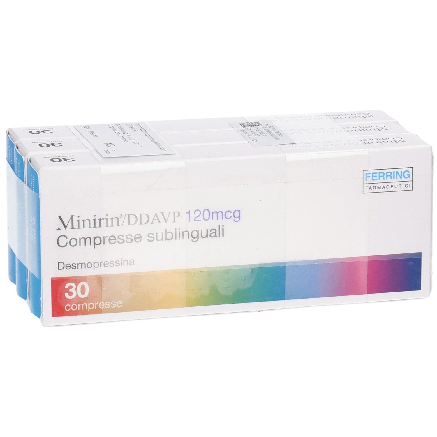 Packung mit 30 Tabletten. Aufschrift: Minirin/DDAVP 120mcg Compresse sublinguali. Marke Ferring. Farbverlauf.