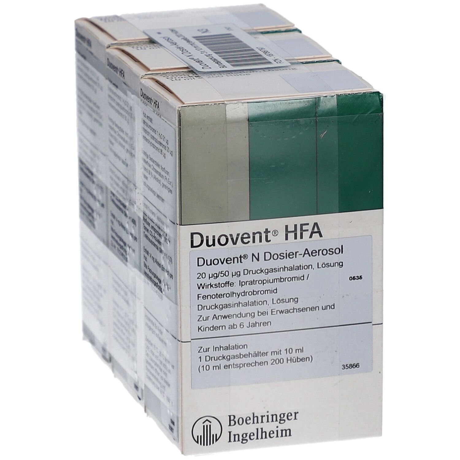Einzelne Packung DUOVENT N Dosier-Aerosol. Weiße Schachtel mit grünen Akzenten. Text: Wirkstoffe, Dosierung, Anwendung.