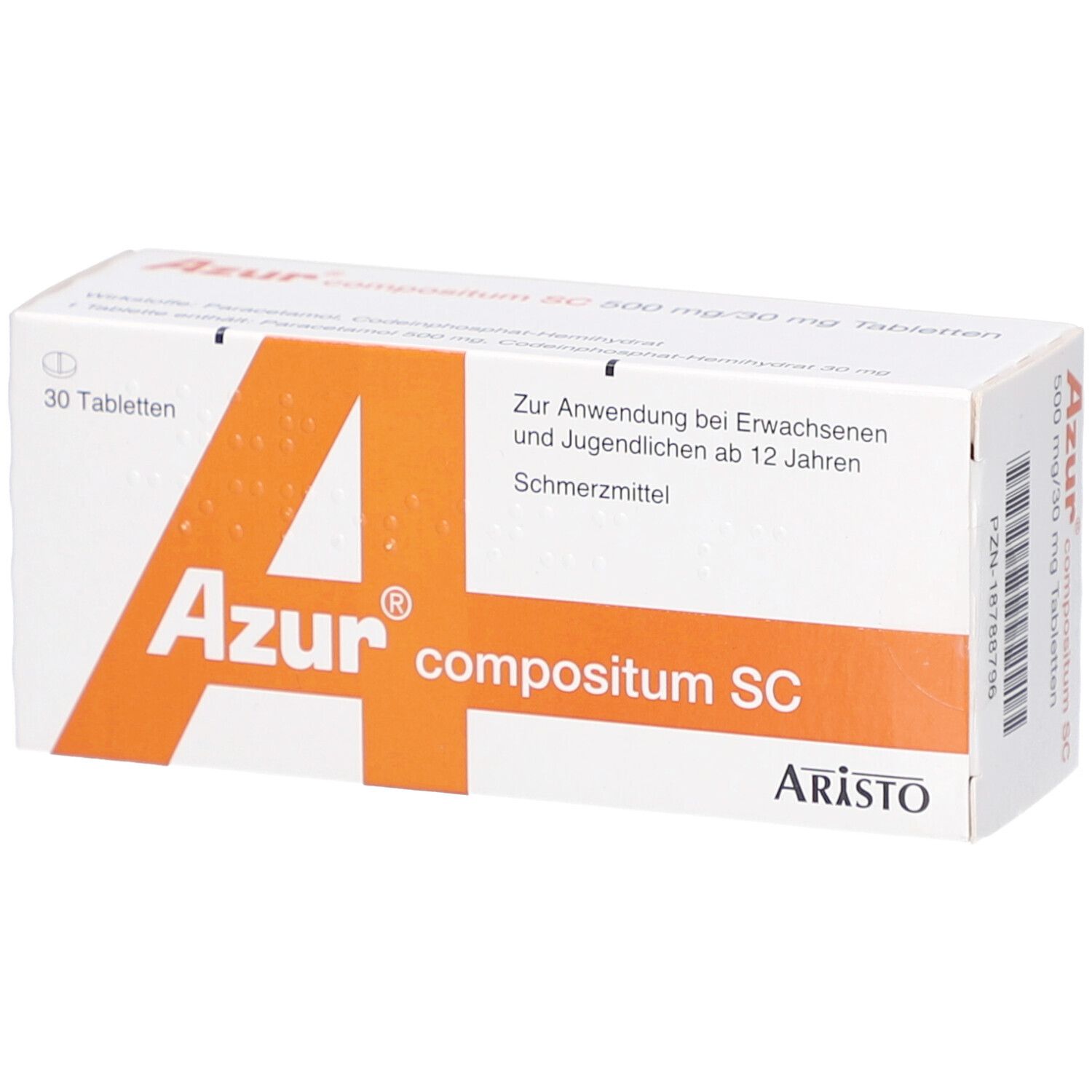 Schachtel mit "Azur compositum SC" Tabletten. Orangefarbener "A"-Buchstabe. "ARISTO"-Logo. 30 Tabletten.
